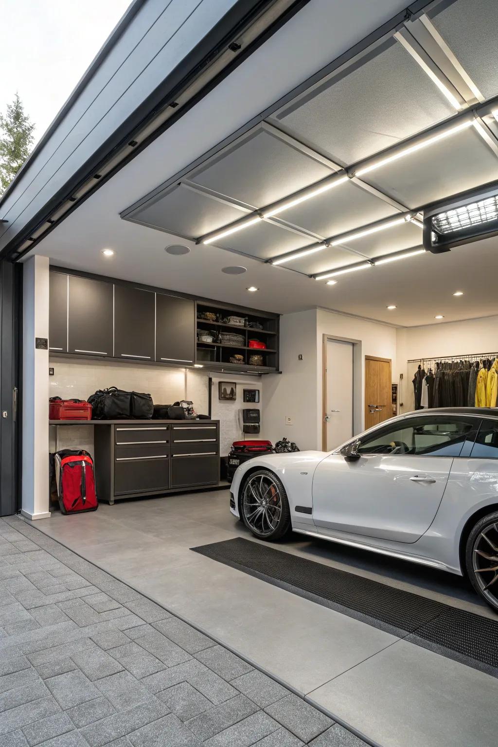A roof addition with concealed storing solutions keeps the garage organized.