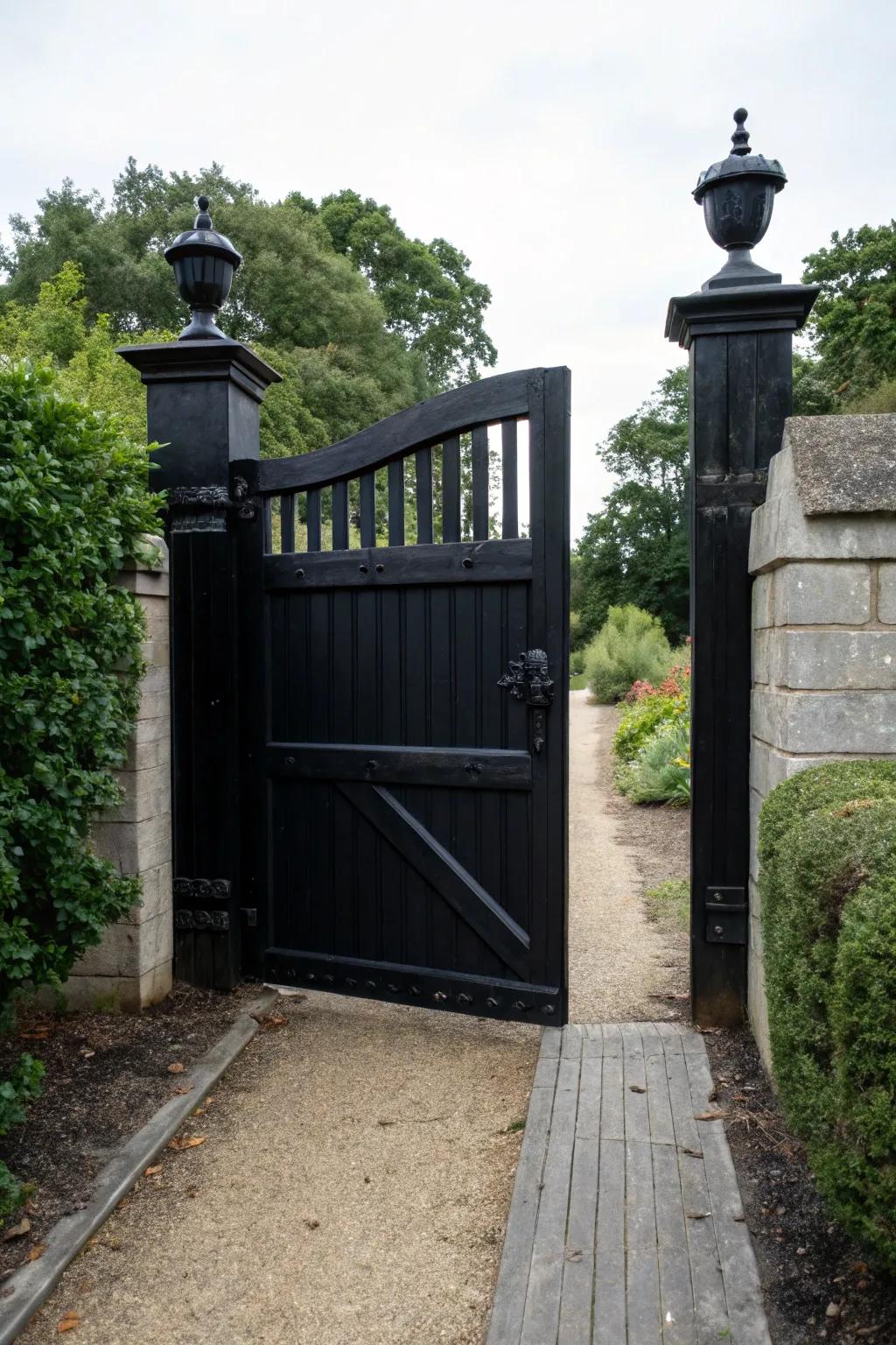 A bold black gate makes a dramatic statement.