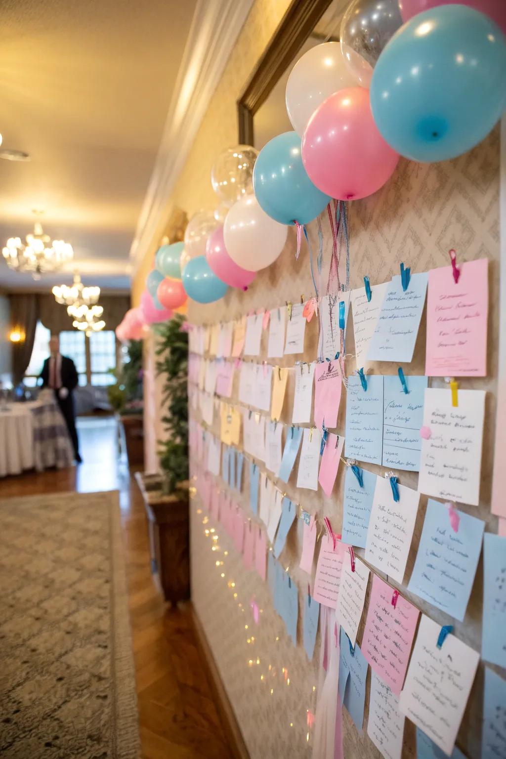 A memory wall filled with guests' wishes and predictions.