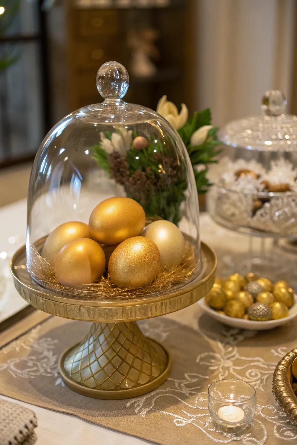 Gilded eggs under a bell jar create a sophisticated display.