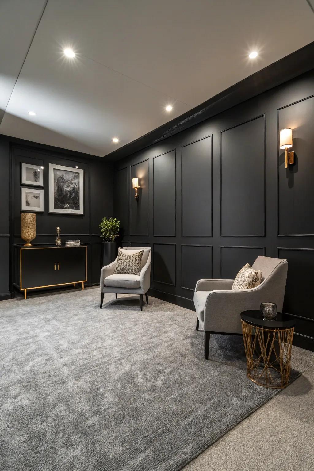 Dark walls make a bold statement with gray carpets.