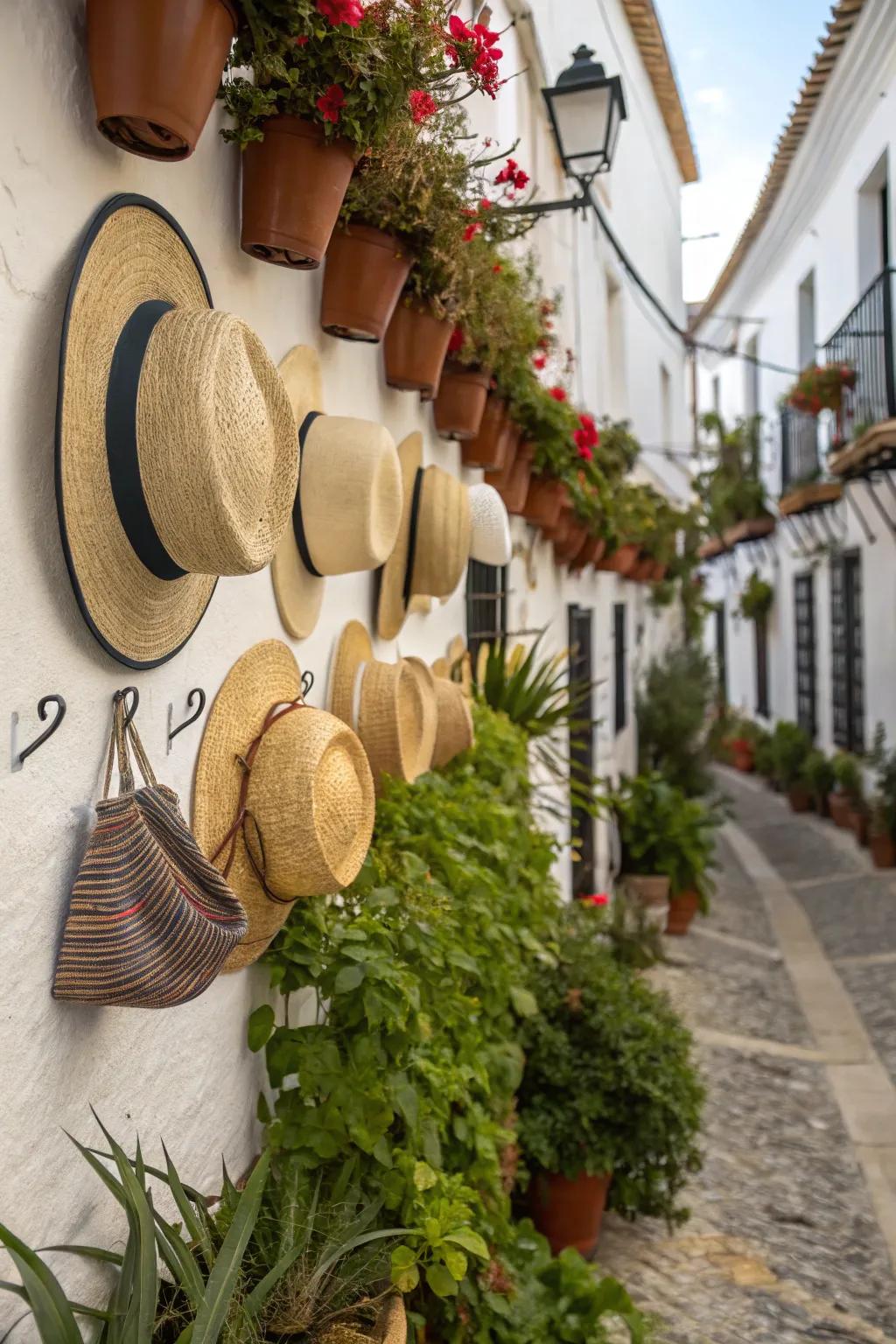 Hanging plants introduce life and color to your hat exhibit.