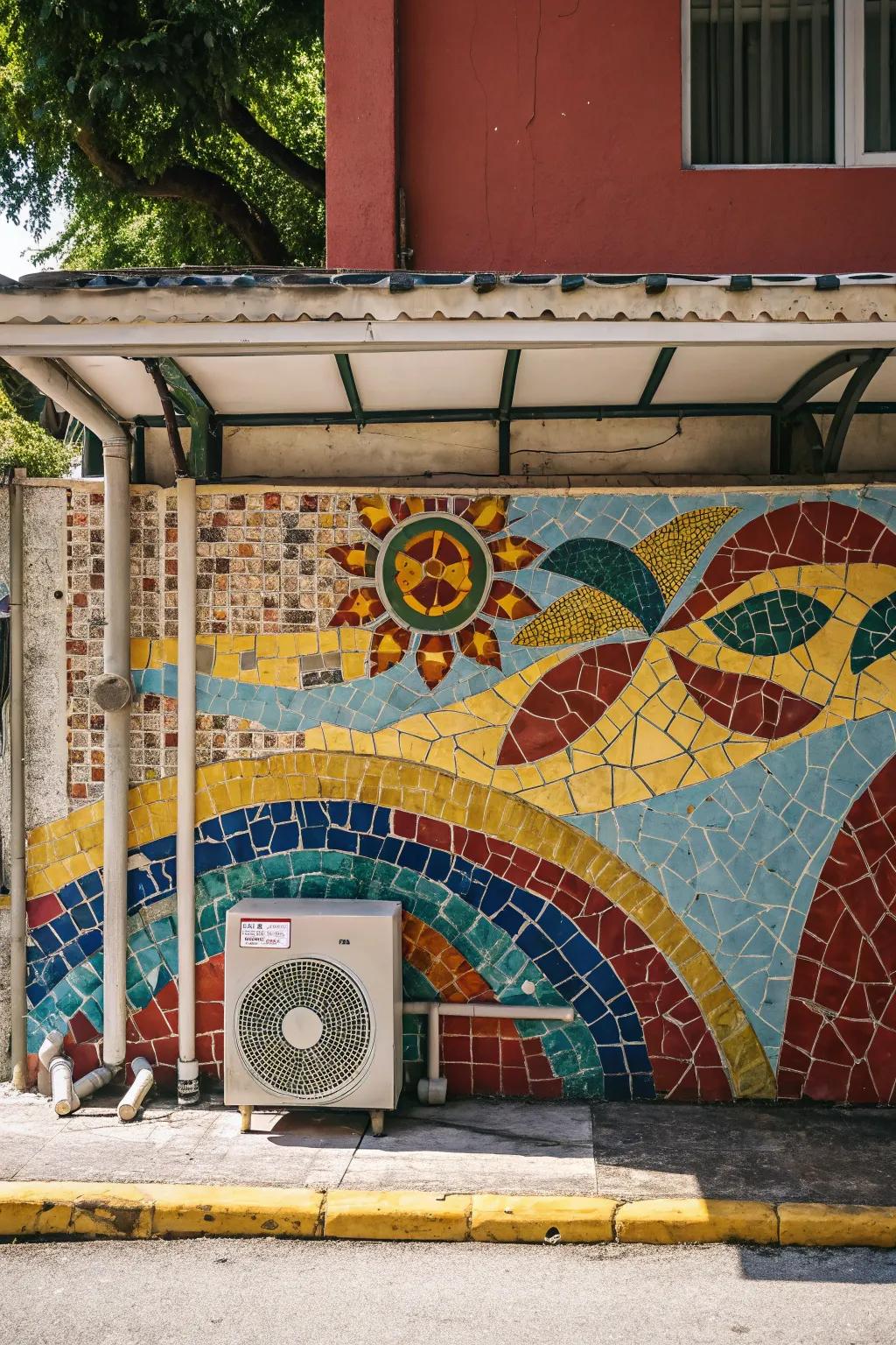 A colorful mosaic wall offers unique shade and artistic expression.