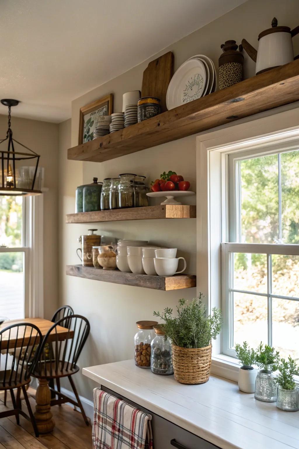 Unexpected and playful floating shelf placement.