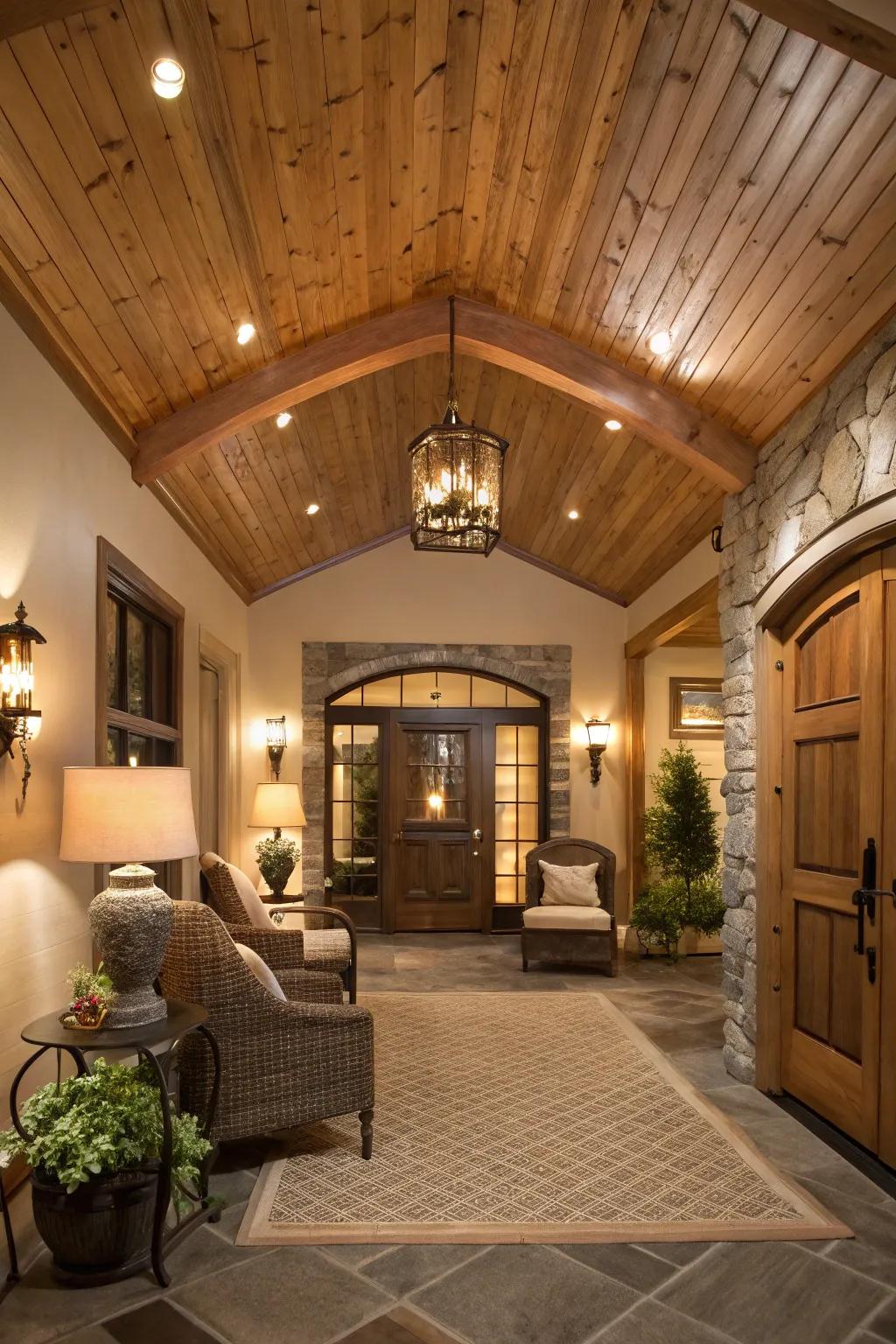 An inviting entryway where rough-sawn fir ceilings offer a warm welcome.