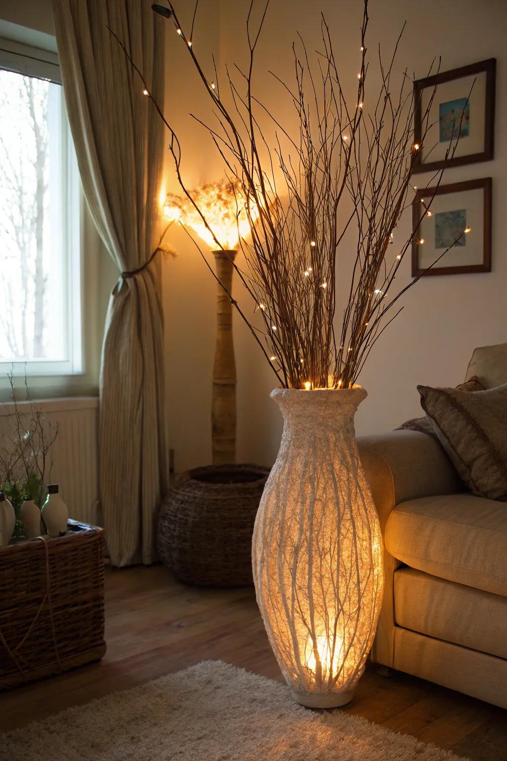 Diode lights inside a vase craft a warm and inviting evening glow.