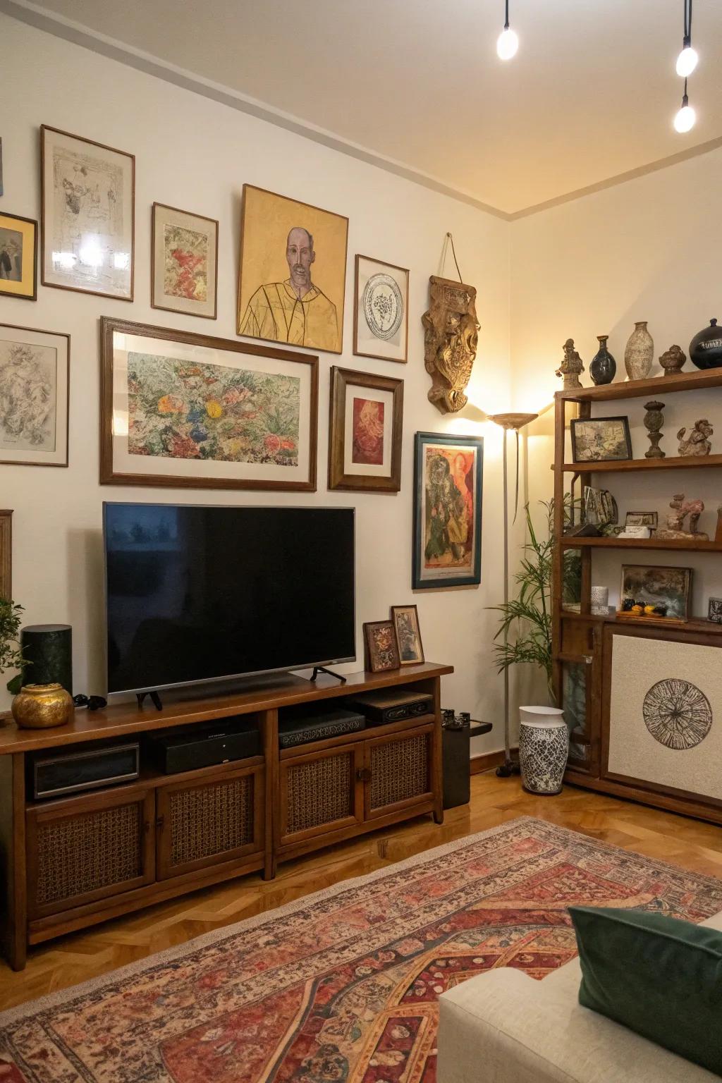 Artistic displays enhance the decor around the TV.