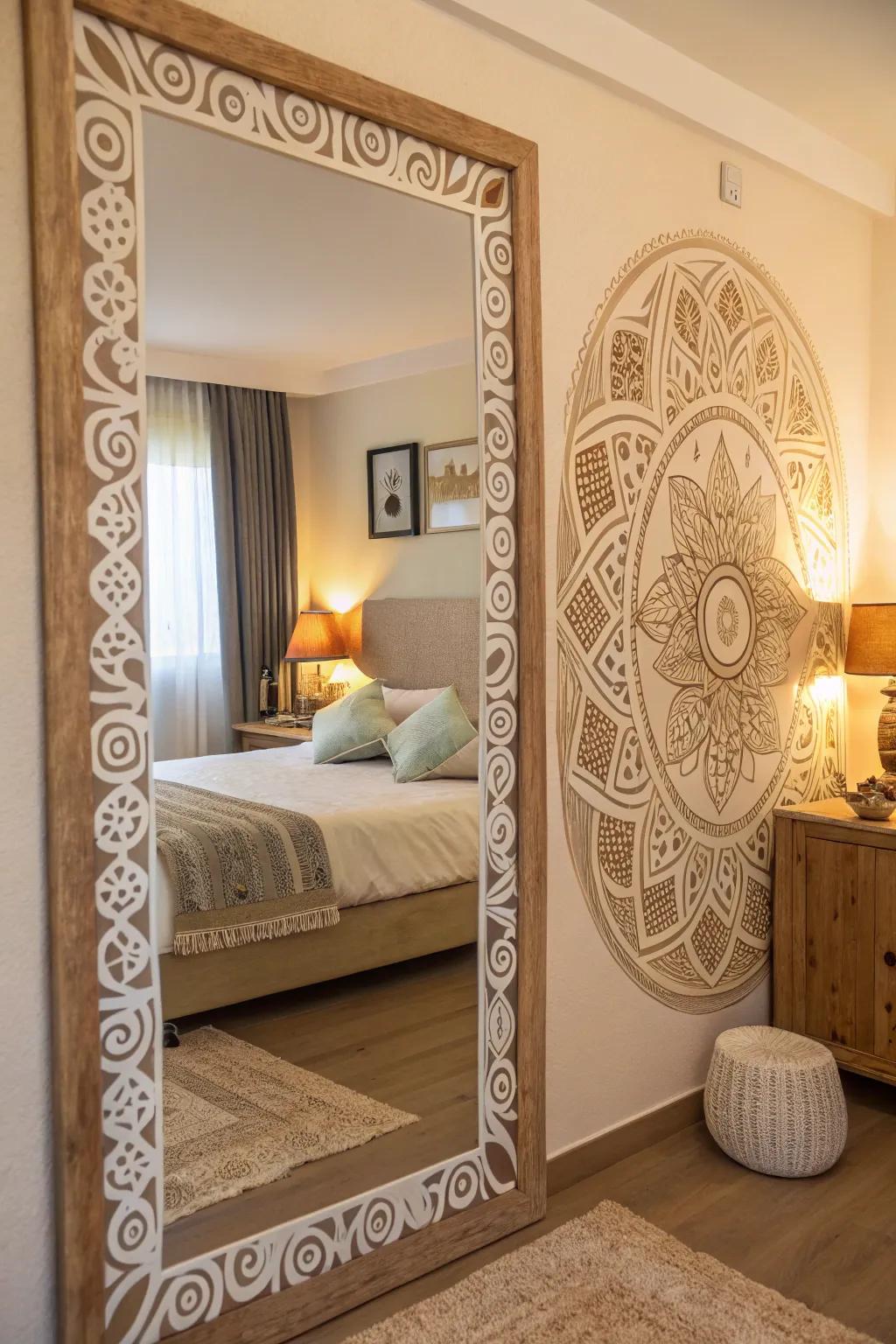 A mirror with a pattern design border adding elegance to a bedroom.