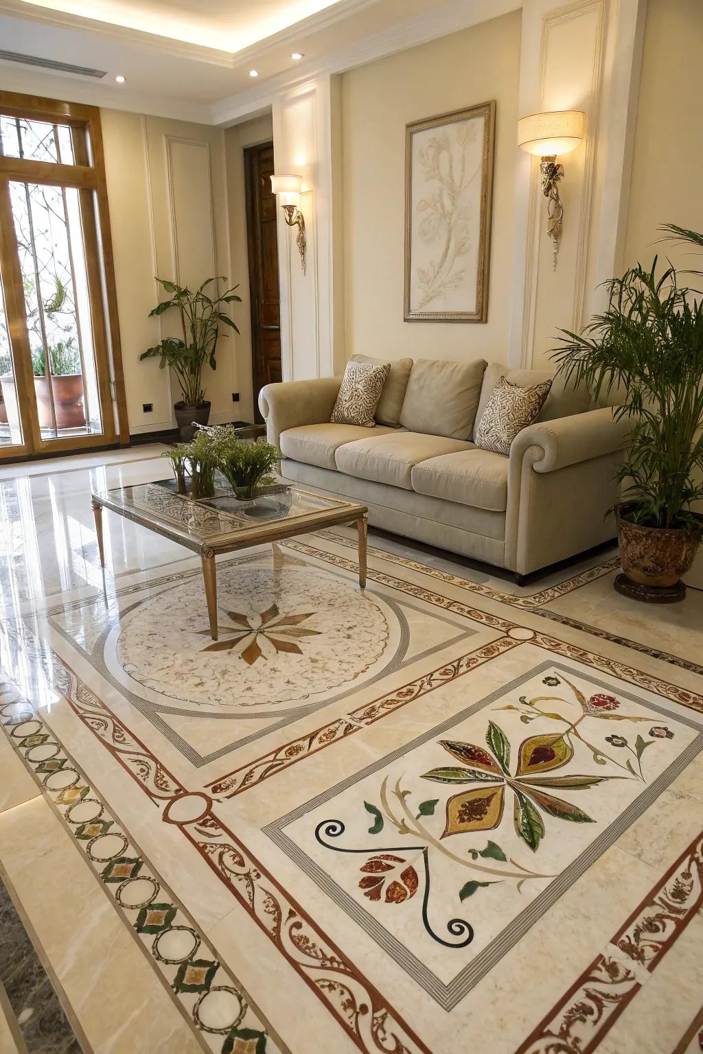 Creative inlays establish distinct center points in marble flooring.