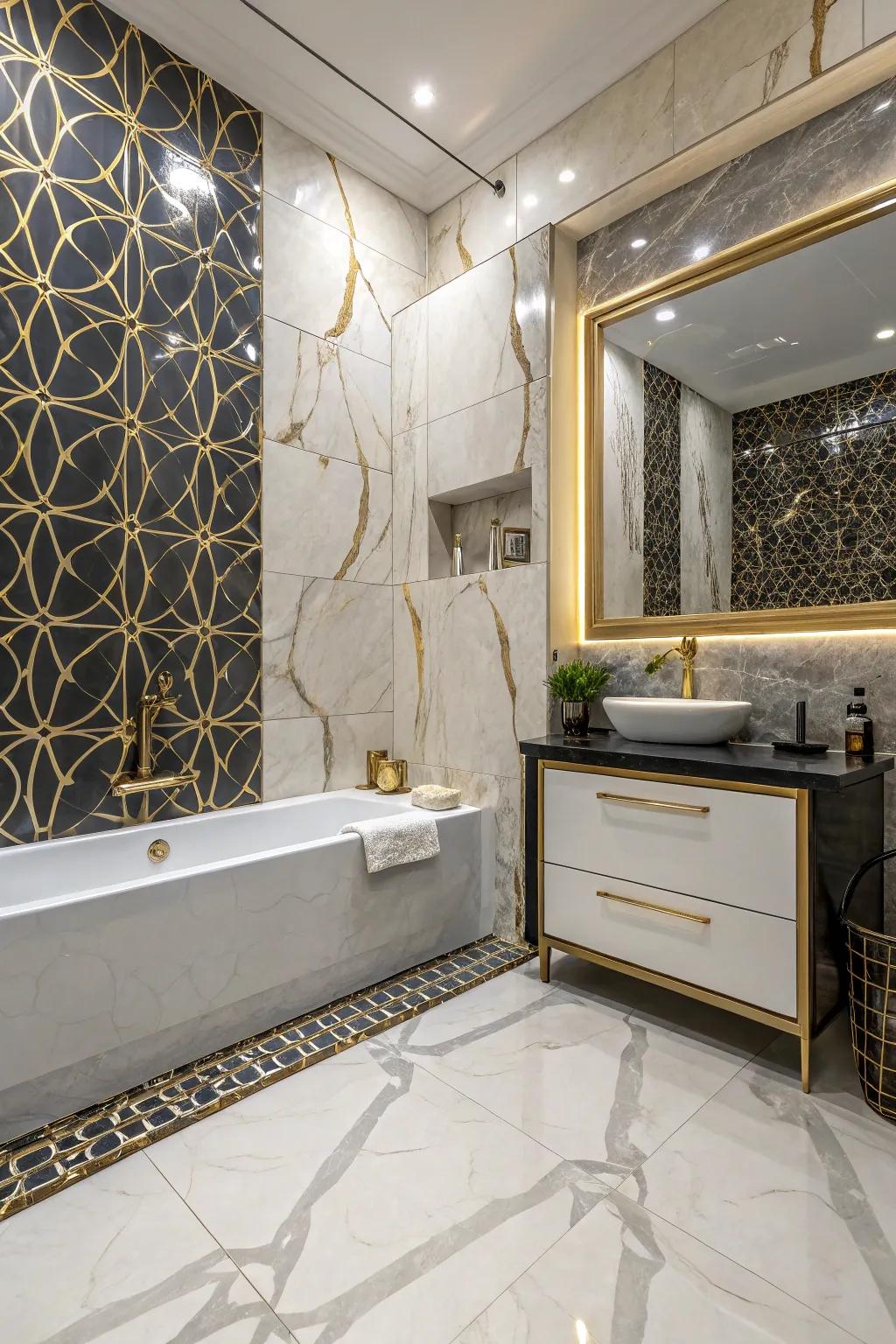 A balanced and textured bathroom with glossy and matte marble porcelain tiles.