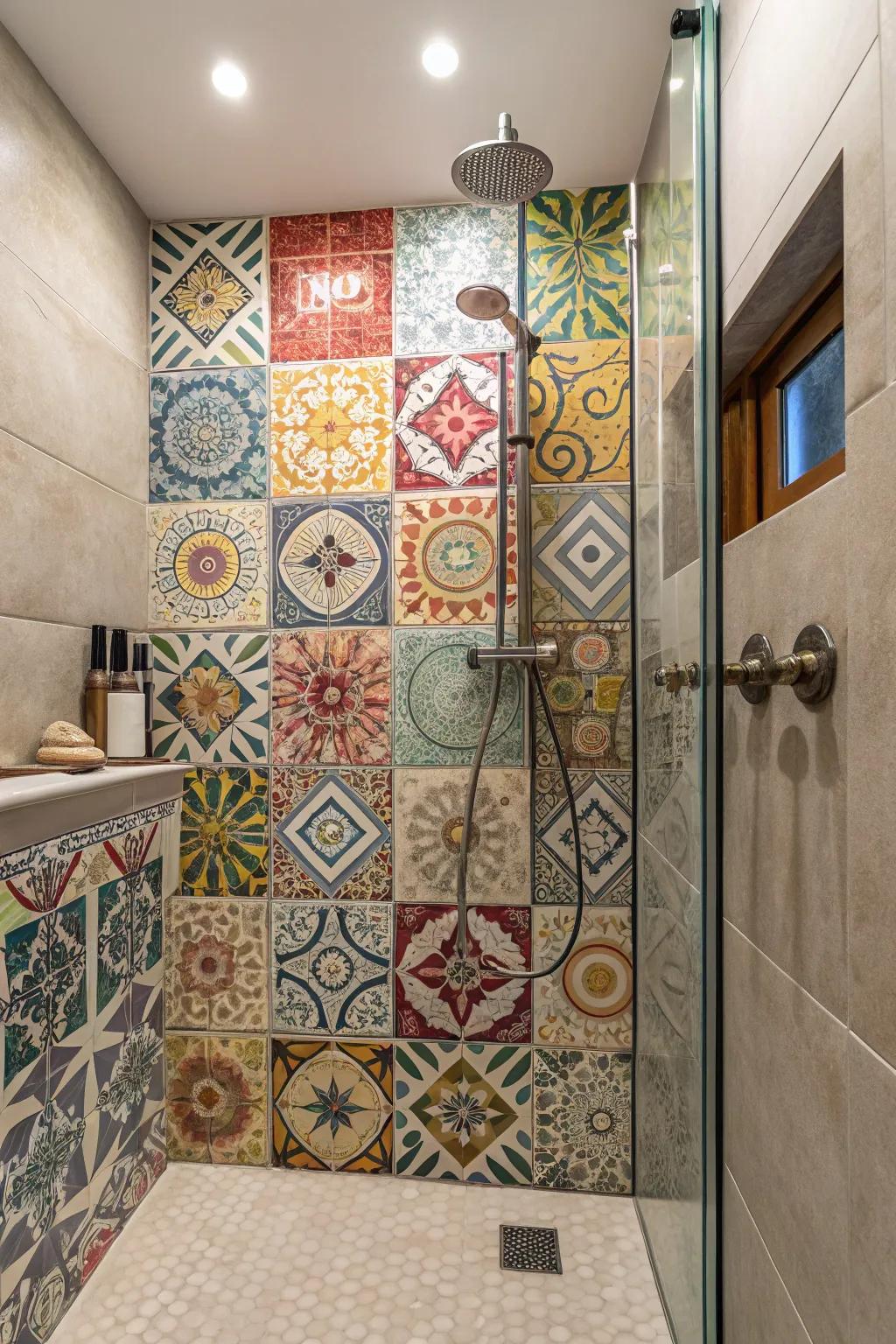 A shower featuring an eclectic mix of tiles for a creative, customized feel.
