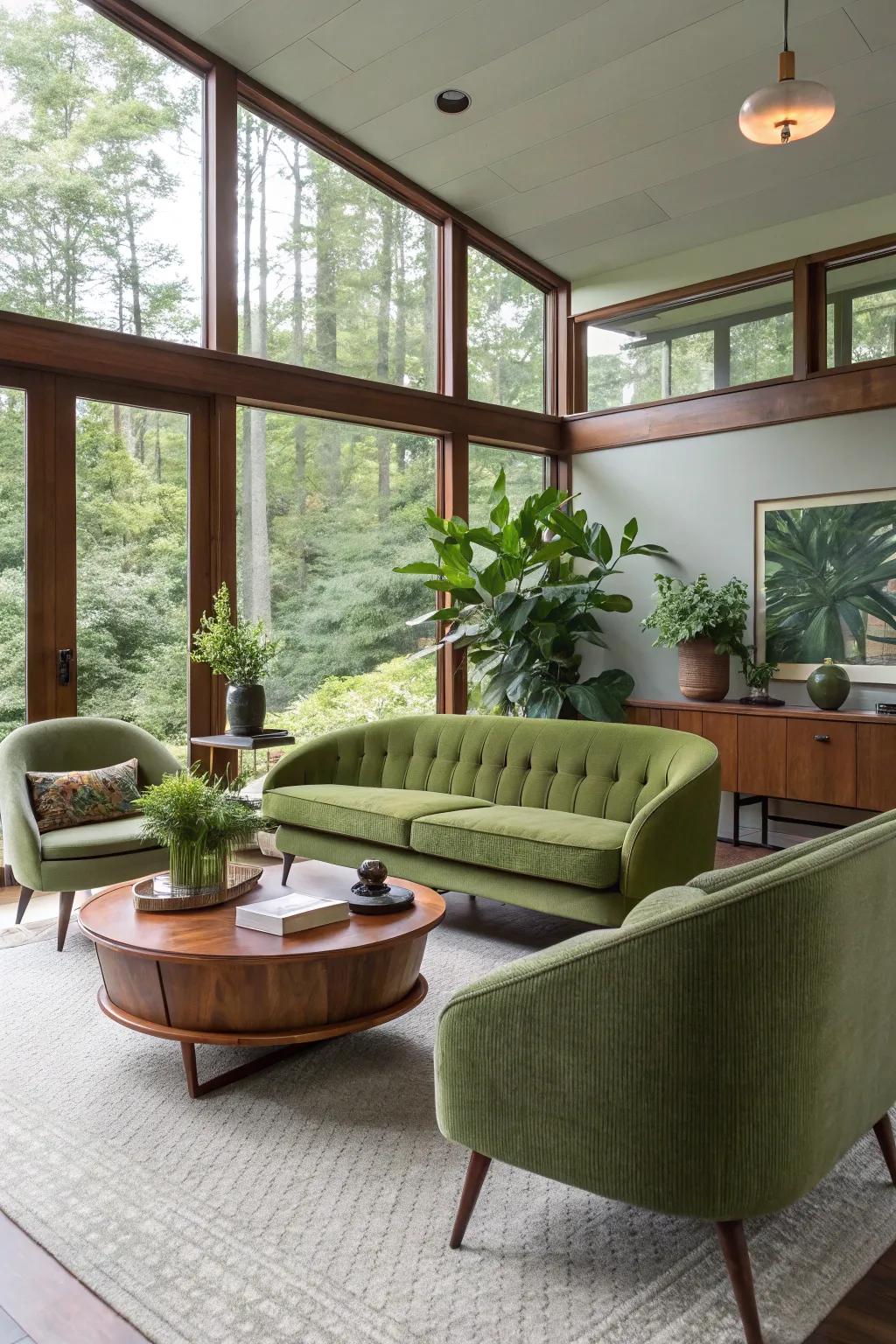 Avocado green accents bring an authentic mid-century feel to this living room.