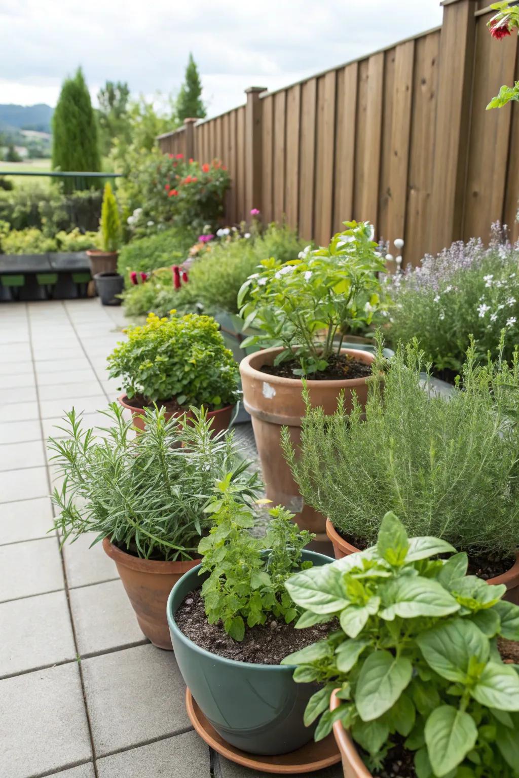 A vibrant herb garden adds fragrance to a patio.