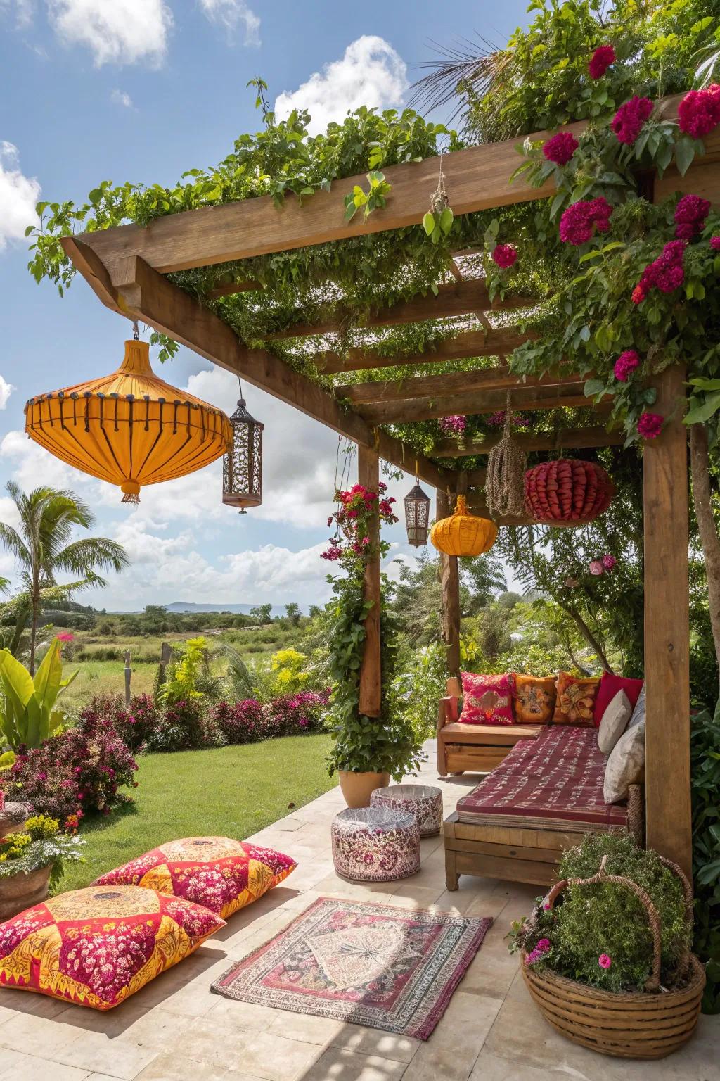 This pergola has an island vibe thanks to its tropical paradise theme.