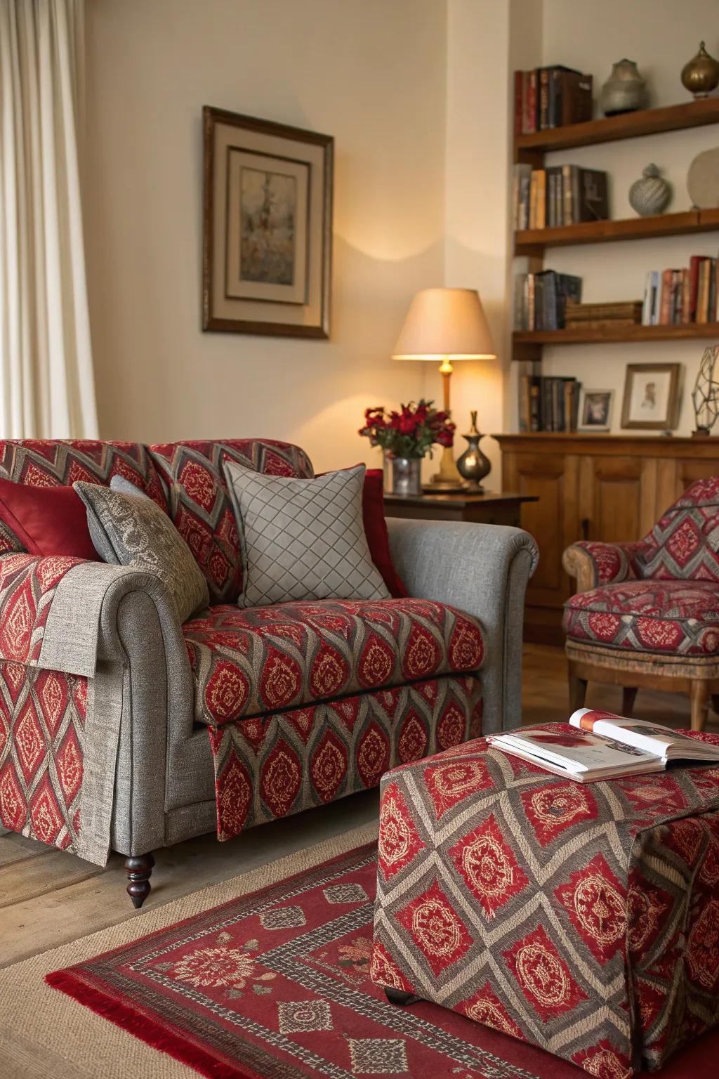 A living room with playful scarlet and silver patterned textiles.