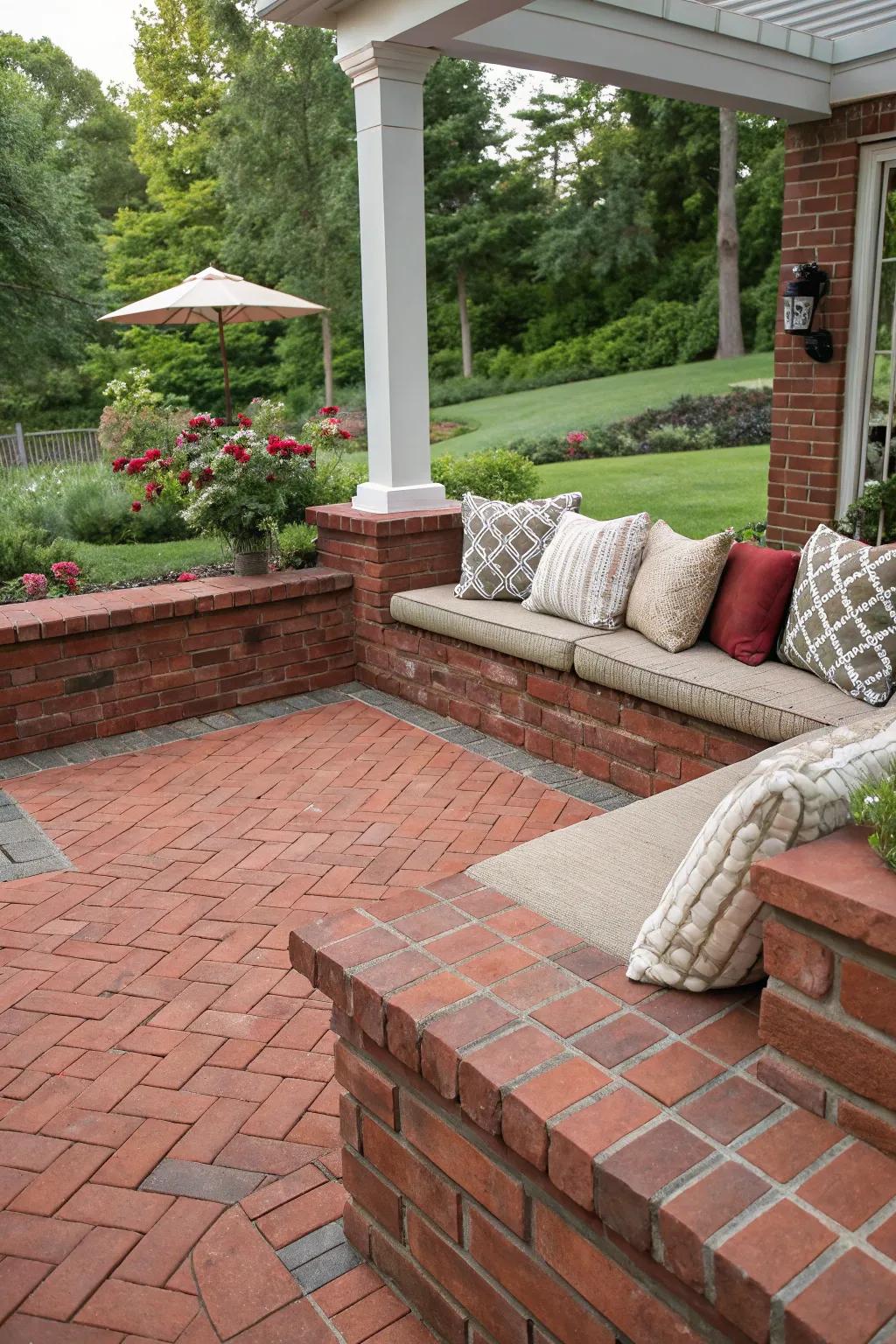 A red brick patio providing cozy integrated seating arrangements