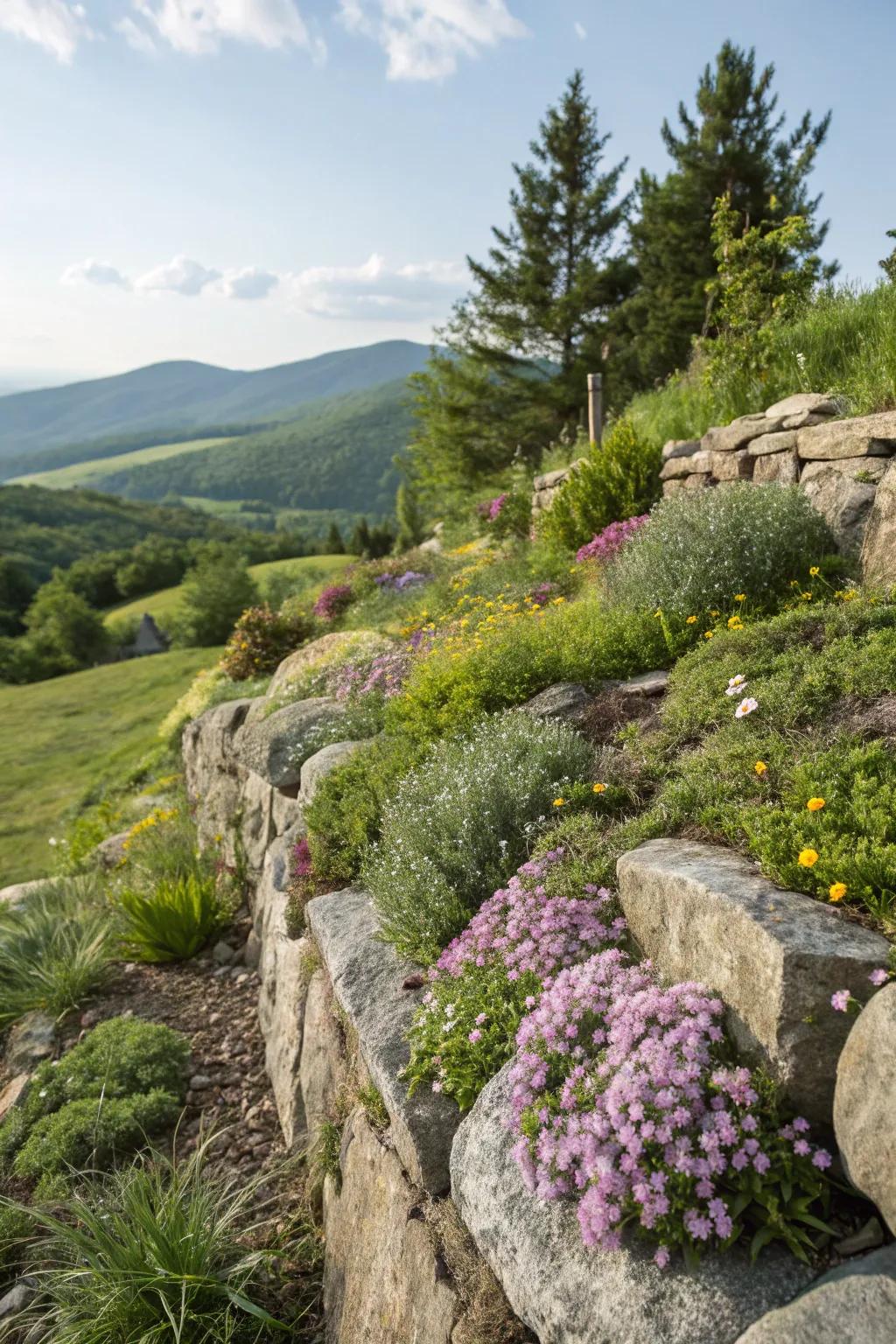 Rock walls with alpine plants make a unique garden haven.