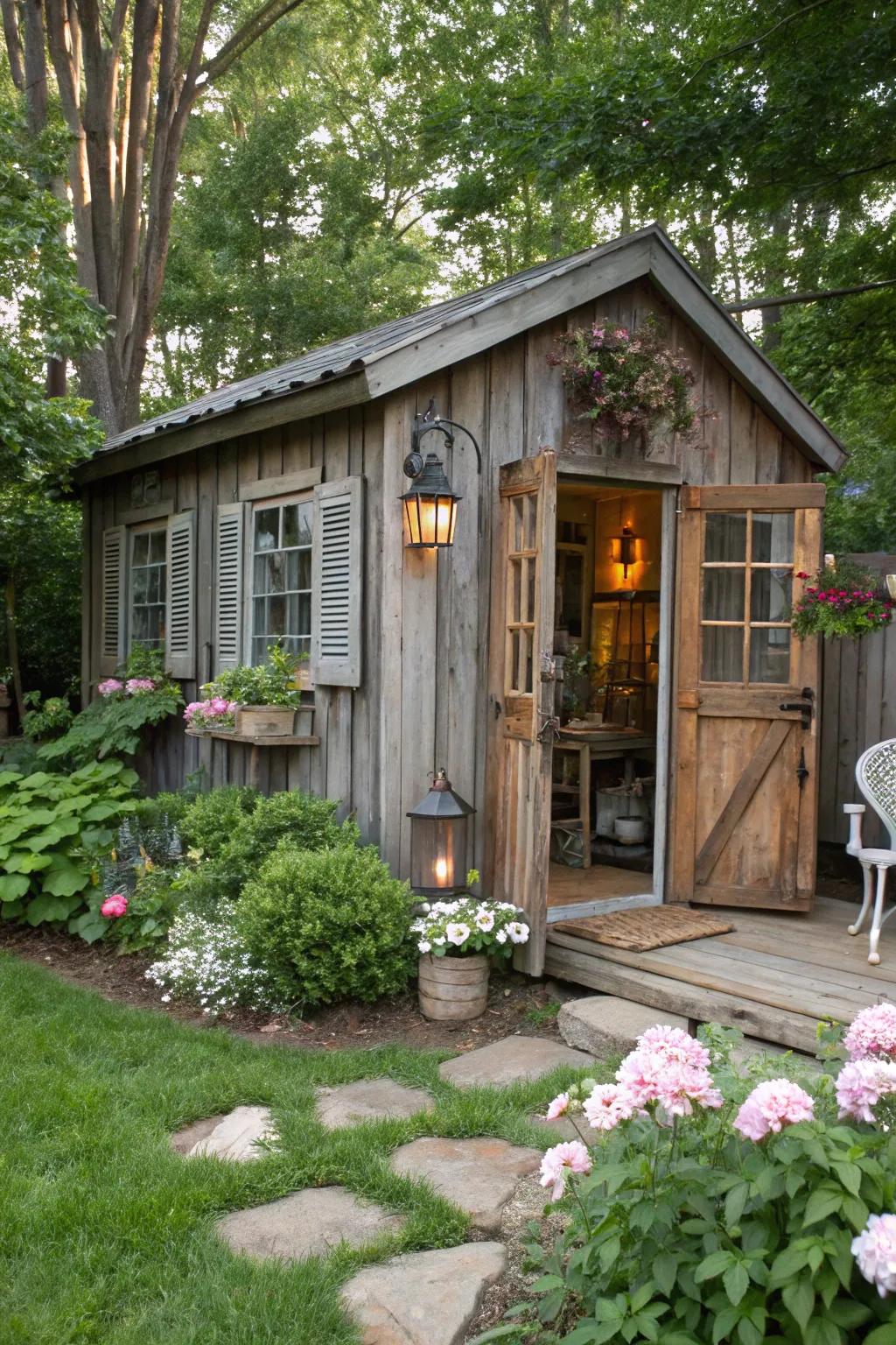Farmhouse charm and warmth inside a she shed retreat.