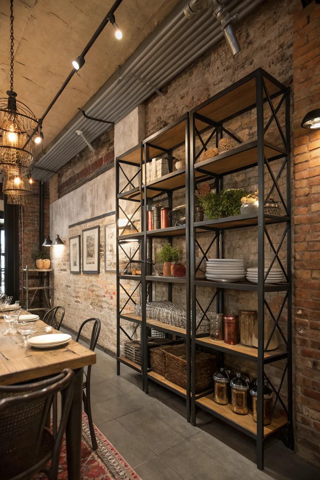 Metal shelves bring a rustic industrial vibe to the dining room.