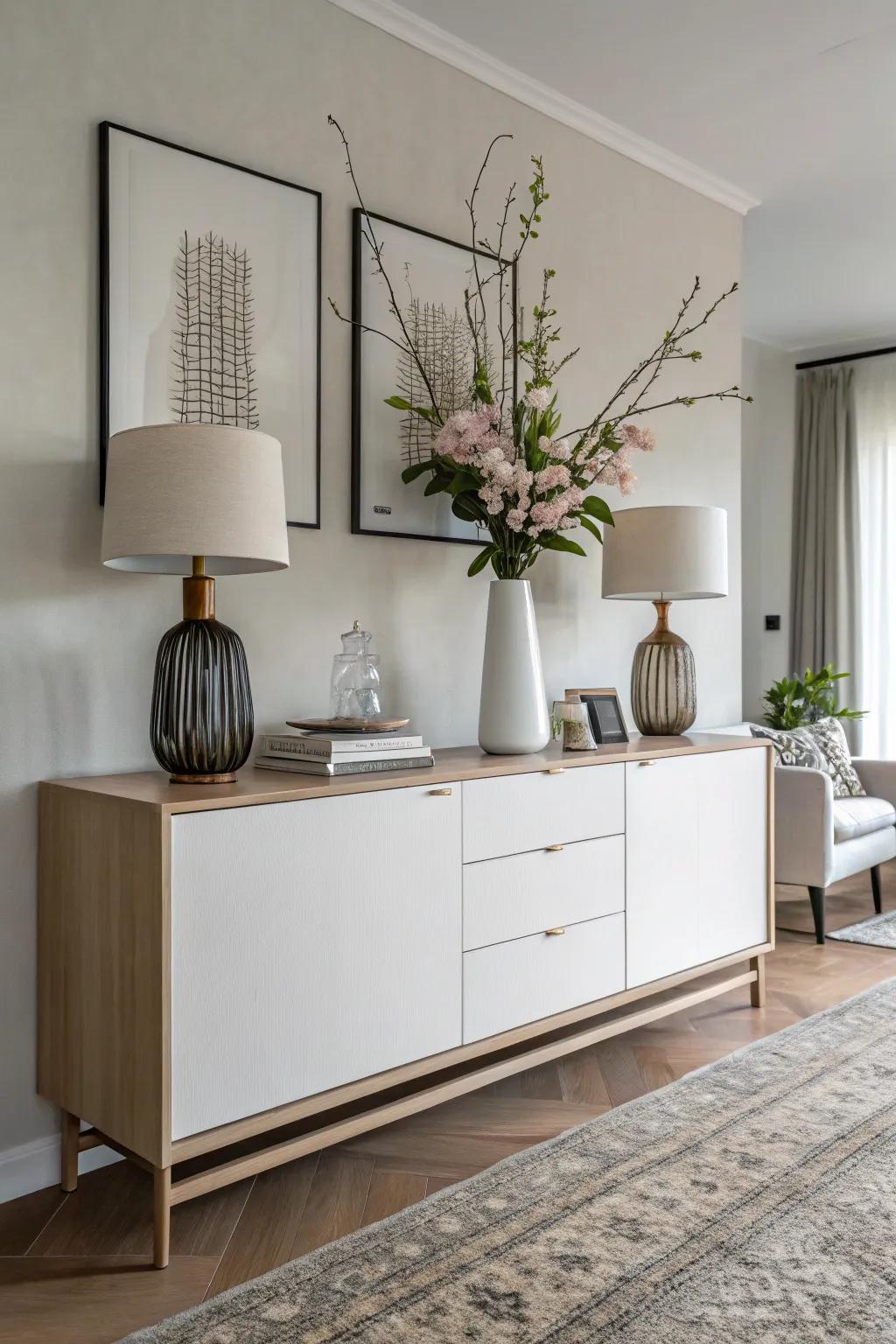 Minimalist elegance on a sideboard creates a sophisticated and serene atmosphere.