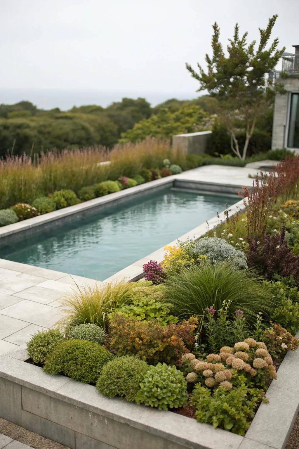 Staggered planting injects depth and texture into the pool setting.