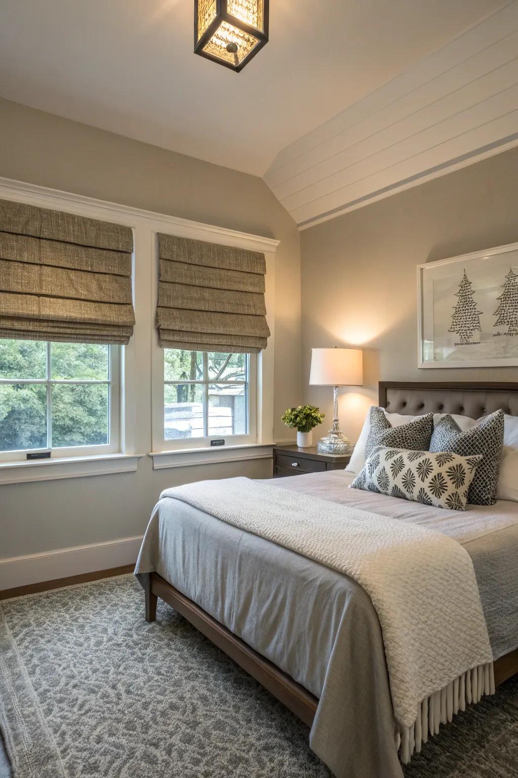 A small bedroom featuring Roman shades for a sleek, space-saving window treatment.