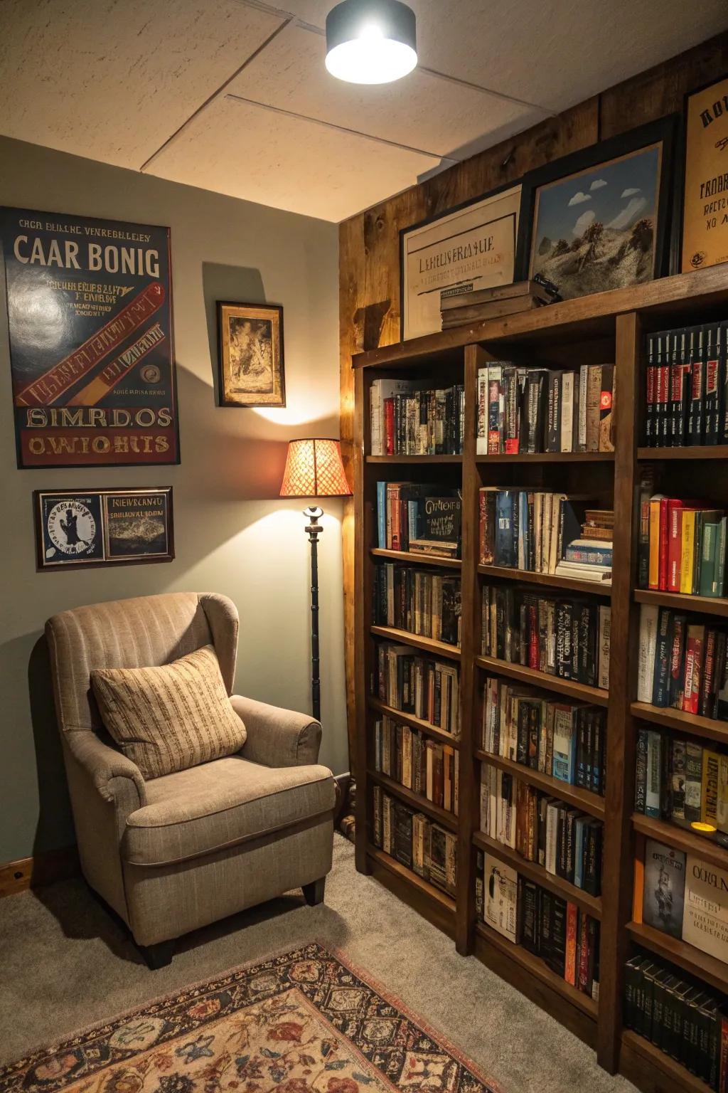 A personal library bookshelf creates a literary escape, adding depth and character.