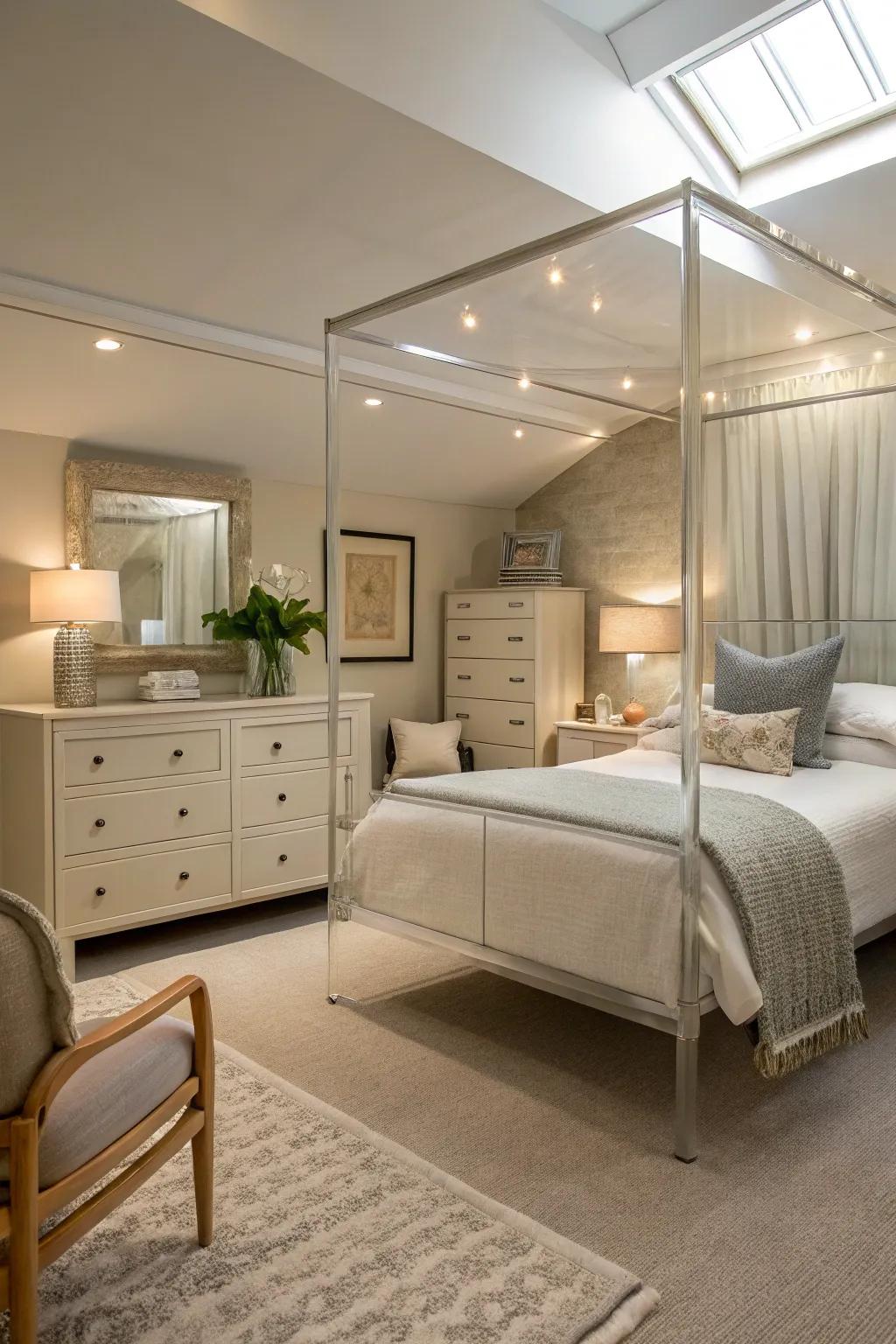 Transparent furnishings sustain a light ambiance within a compact primary bedroom.