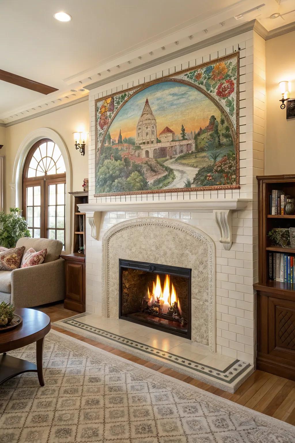 Artistic frescoes transform this strip tile fireplace into a storytelling centerpiece.