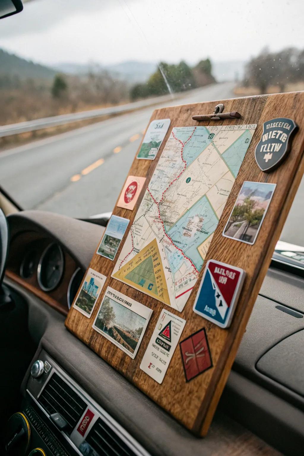 A board capturing the essence of a summer road trip with maps and signs.