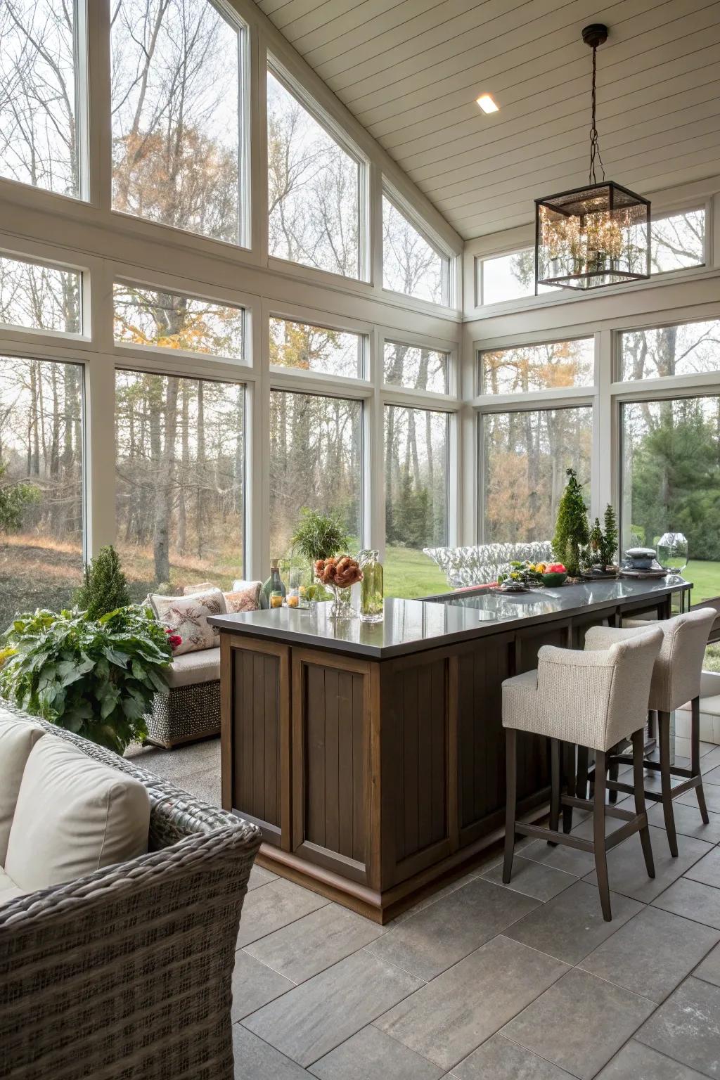 An inviting internal-external bar in the sunroom.