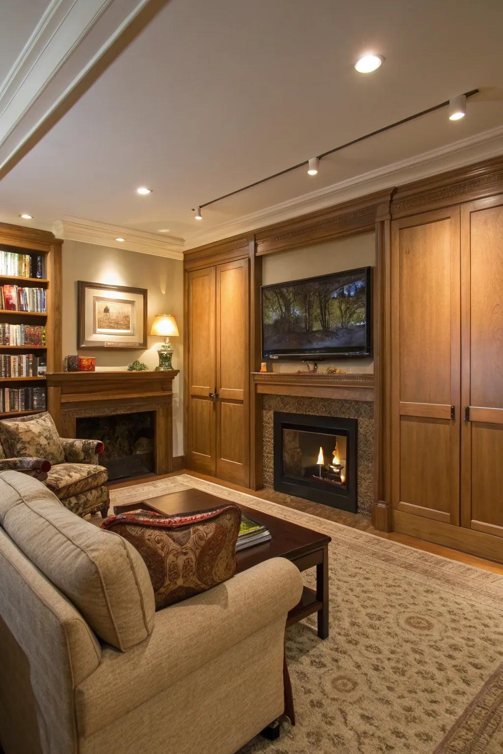 A lounge with a TV hidden behind ornamental panels.