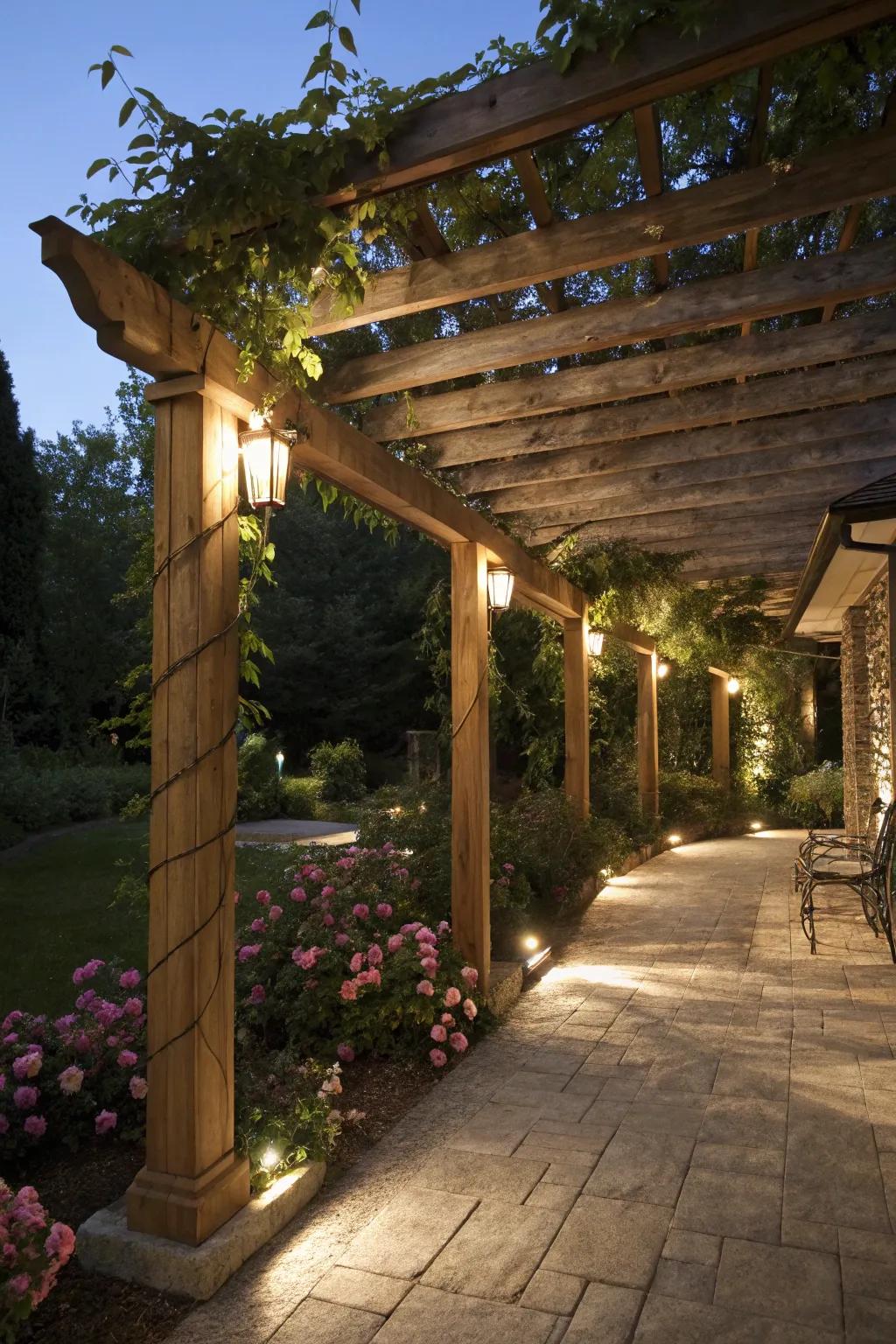 Under eave lighting turns a pergola into an enchanting getaway.