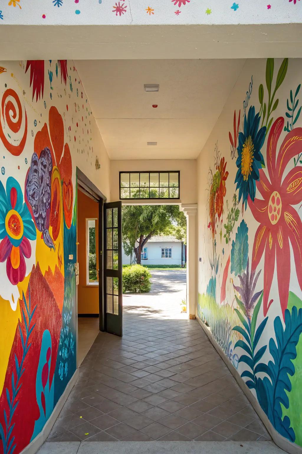 Welcome guests with a burst of energy with a colorful mural in your entryway.