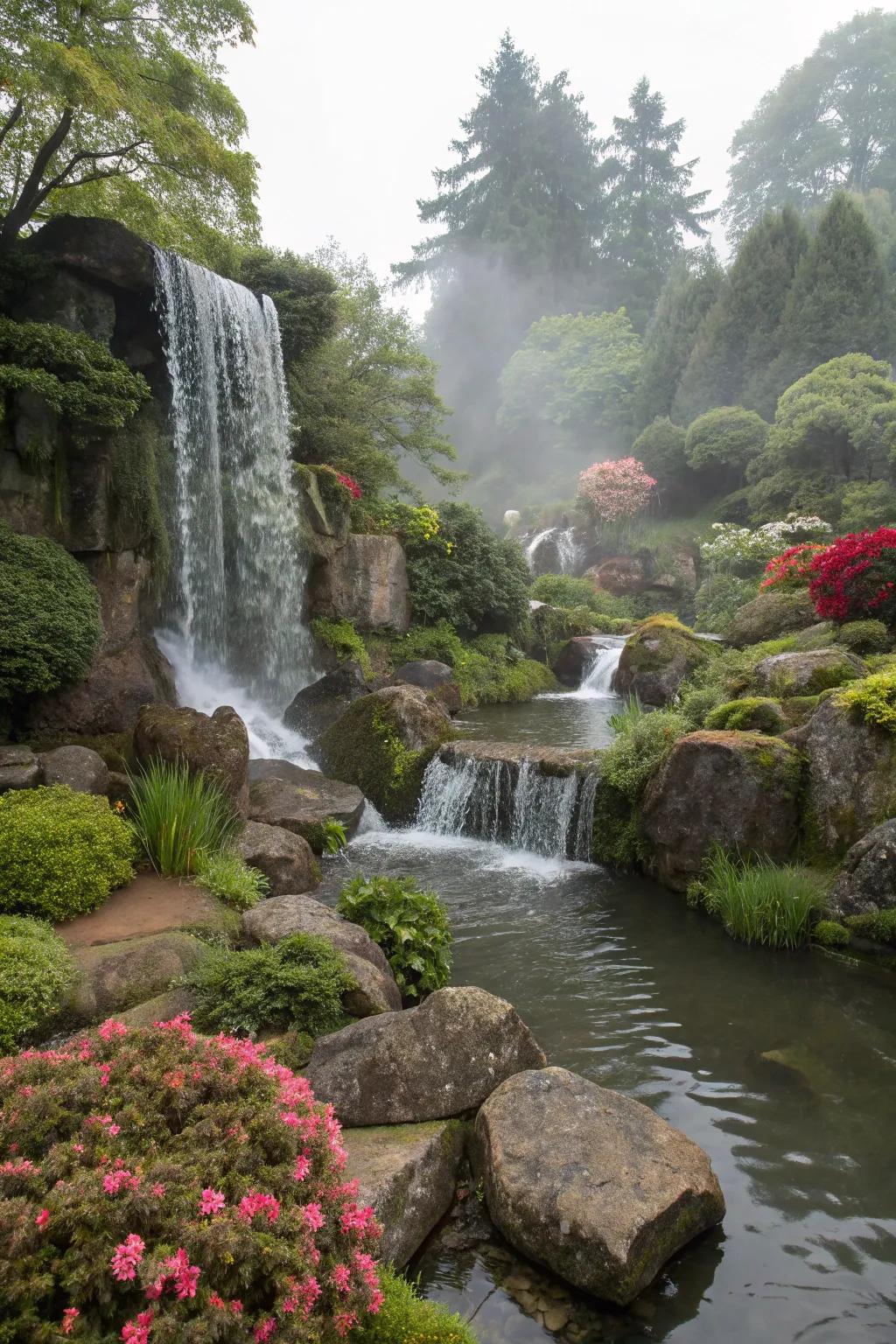 Floating rocks in a waterfall design capture the imagination.