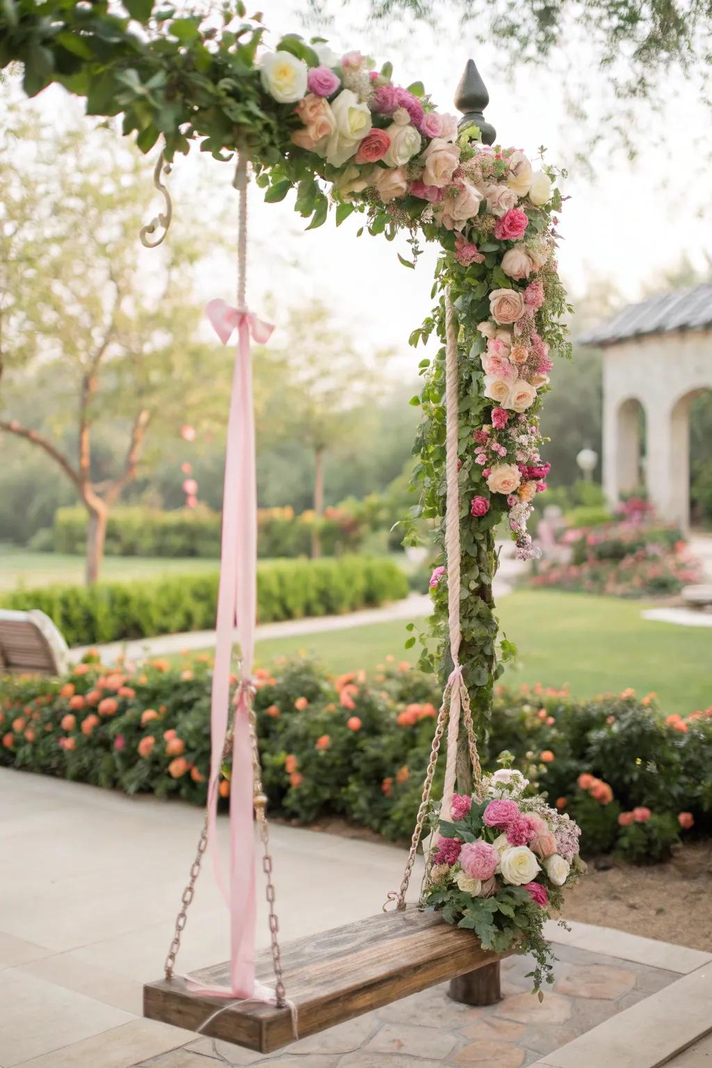 A floral-draped swing affords a singular and joyful photographic occasion.