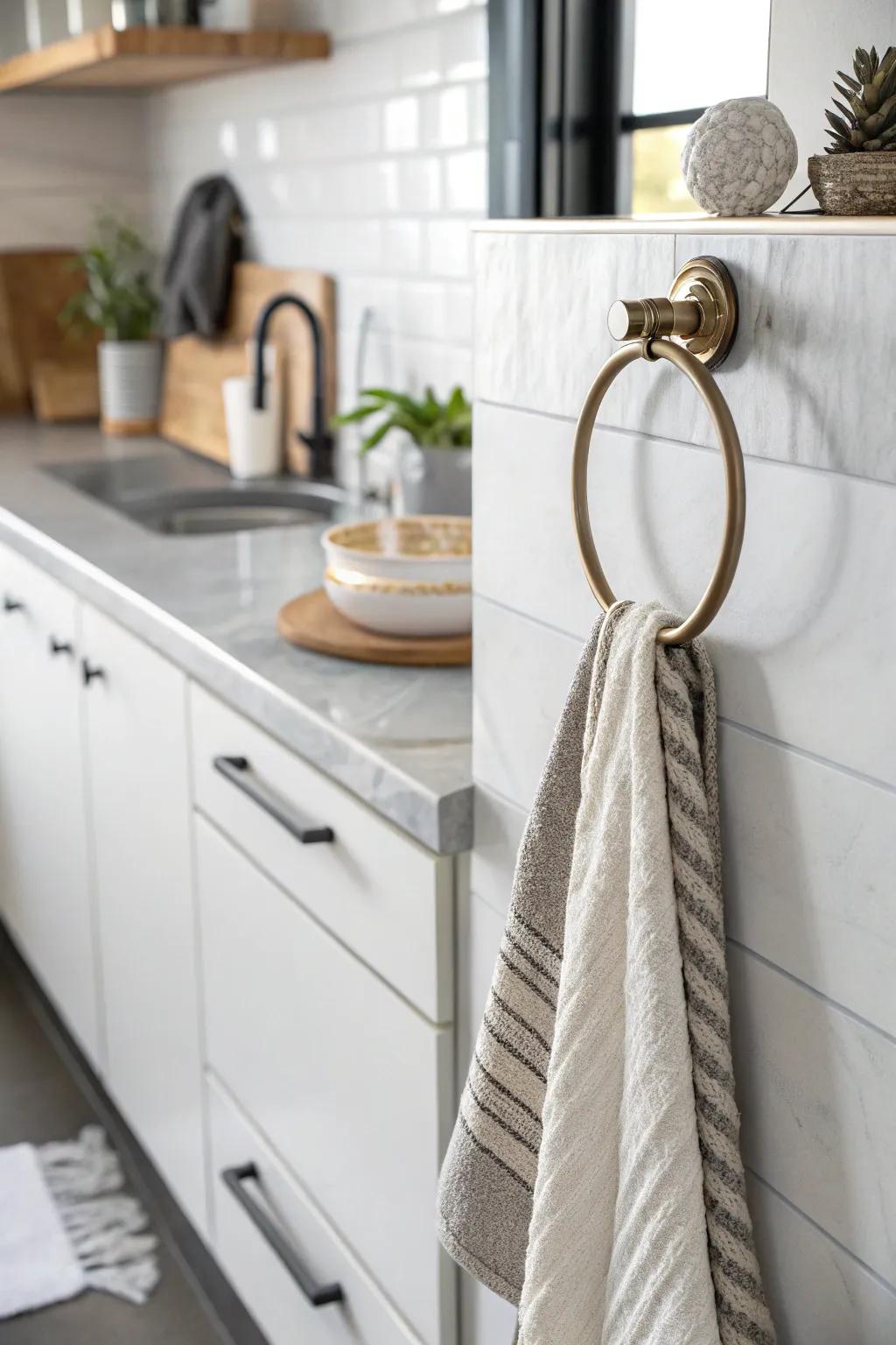Employ a chic hoop for a simple yet elegant means to suspend kitchen towels.