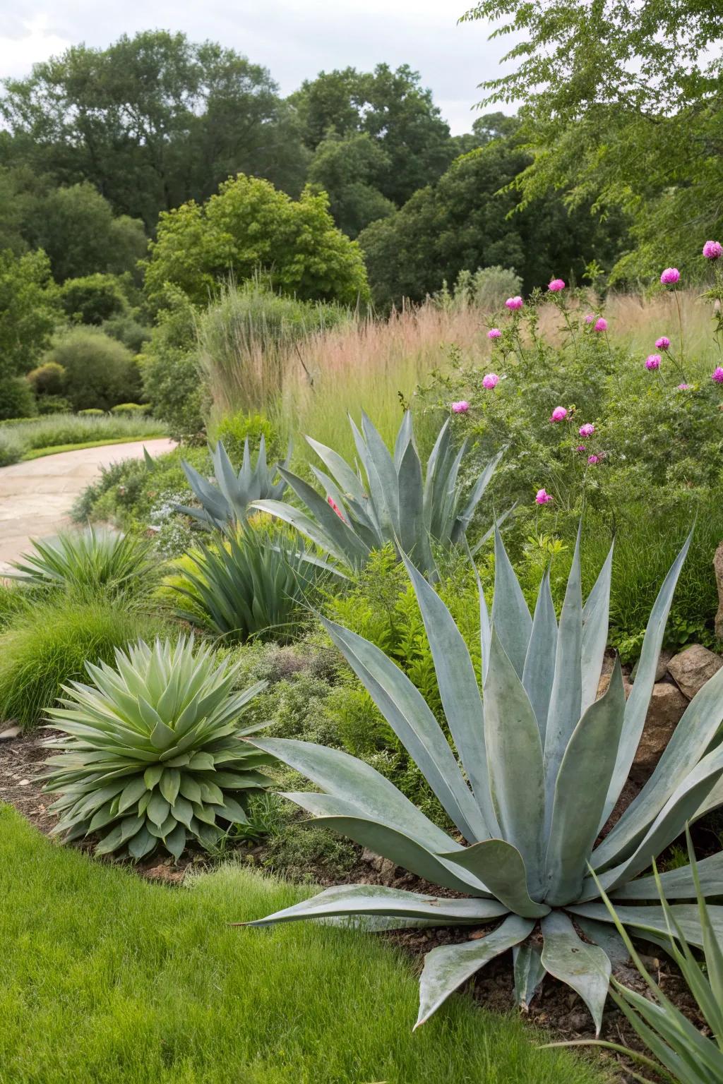 Metal agave plants offer a modern twist in this garden.