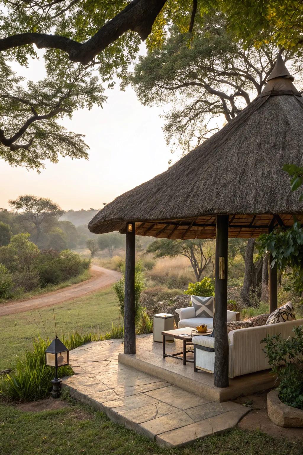A thatched roof appends rustic charm to an intimate patio.
