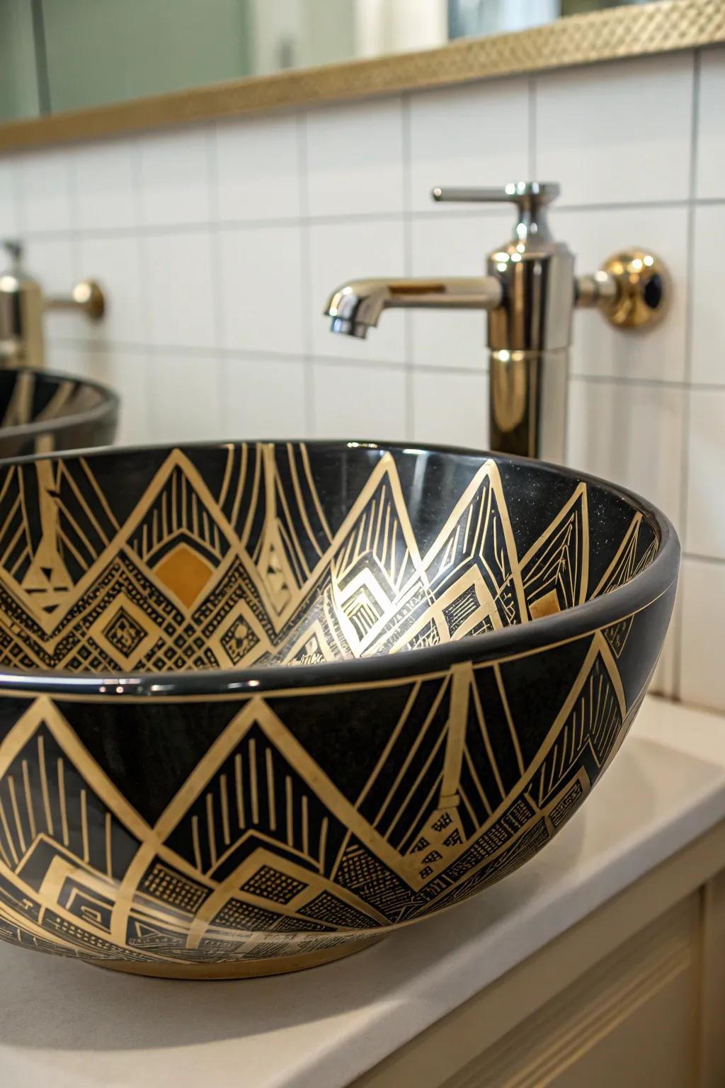An Art Deco-inspired sink design offers enduring glamour.