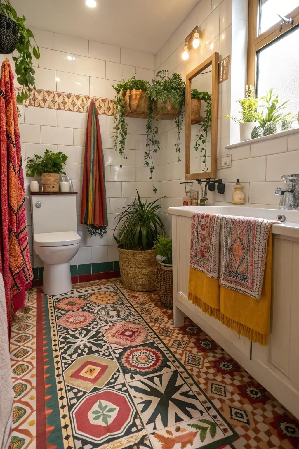 Bohemian-style durable flooring introduces a whimsical touch to this eclectic bathroom.