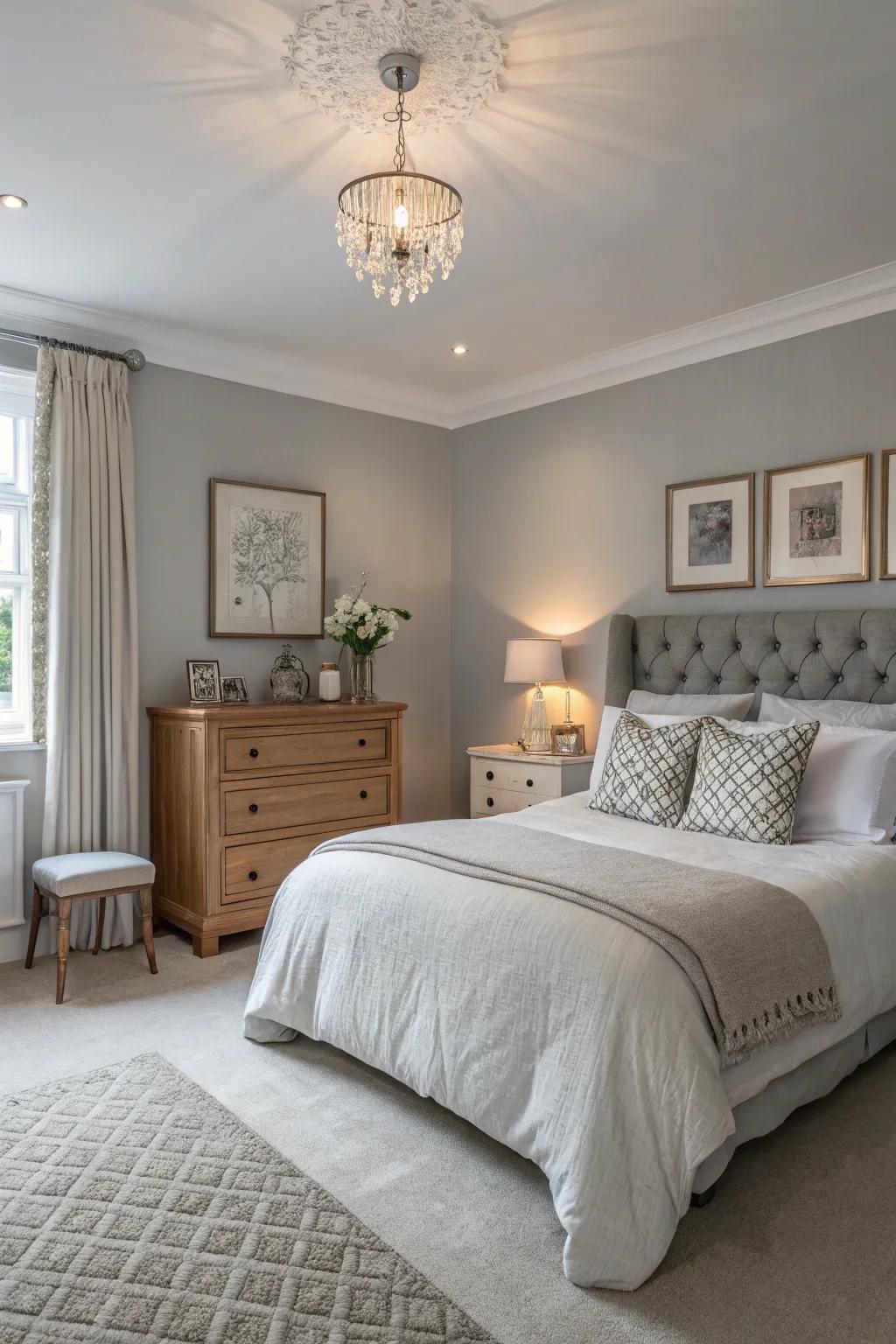 A serene bedroom with soft gray walls that offer understated elegance and calm.