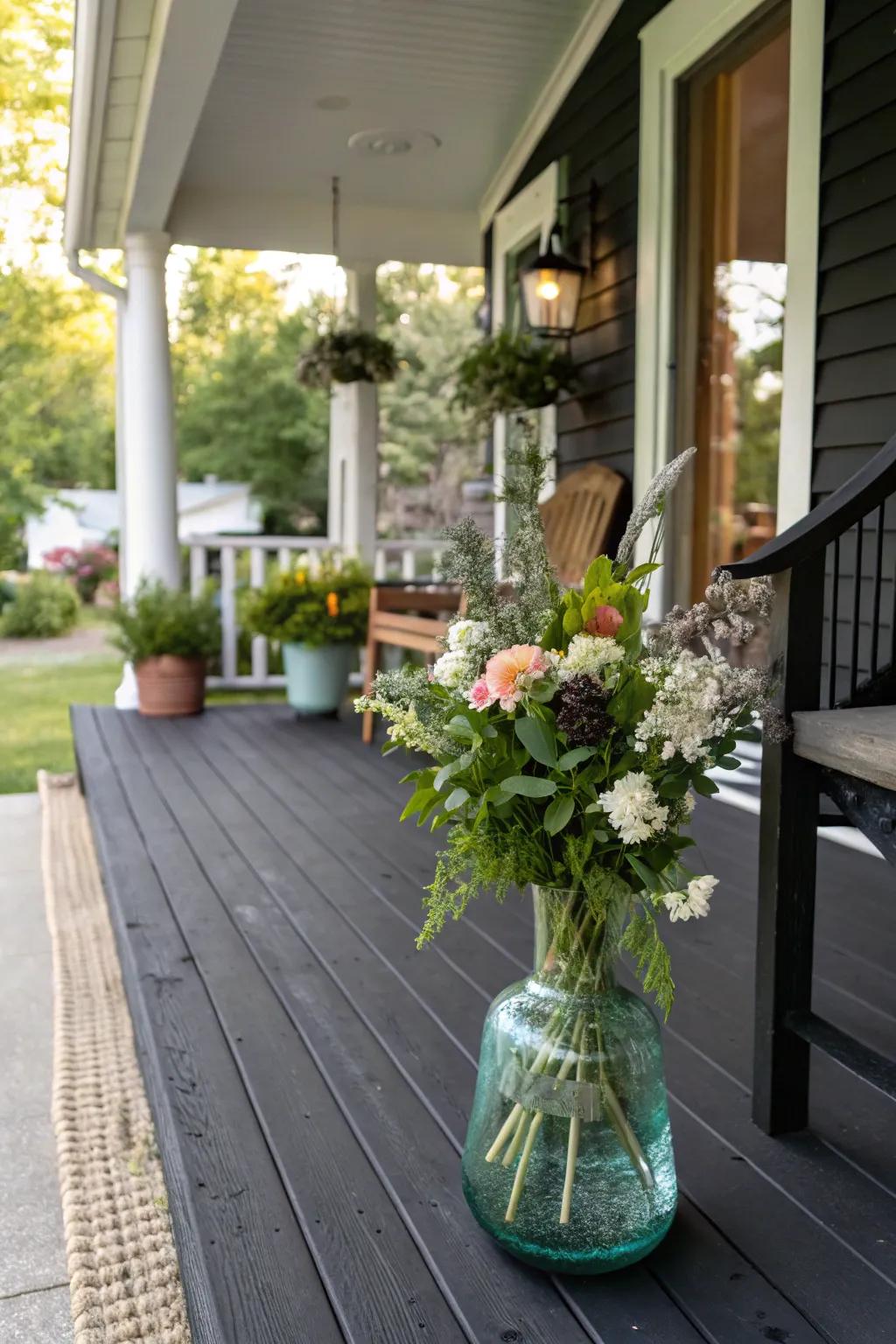 A recycled glass vase as part of sustainable décor on a dark porch.