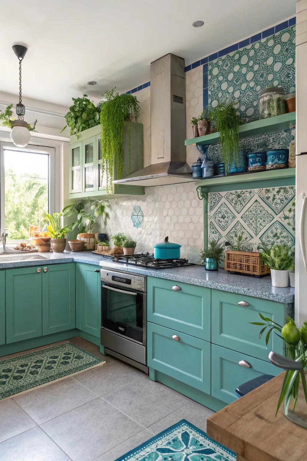 A vibrant kitchen with a soothing blue and green palette.