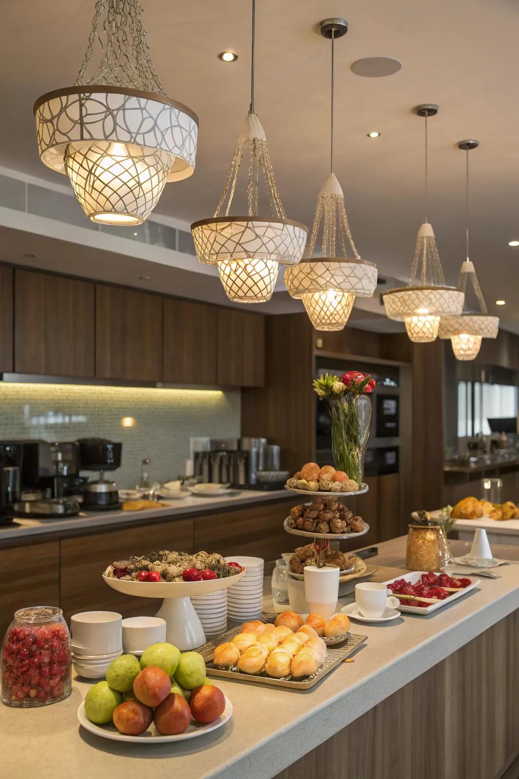 Artistic lighting creating a focal point above the breakfast bar.