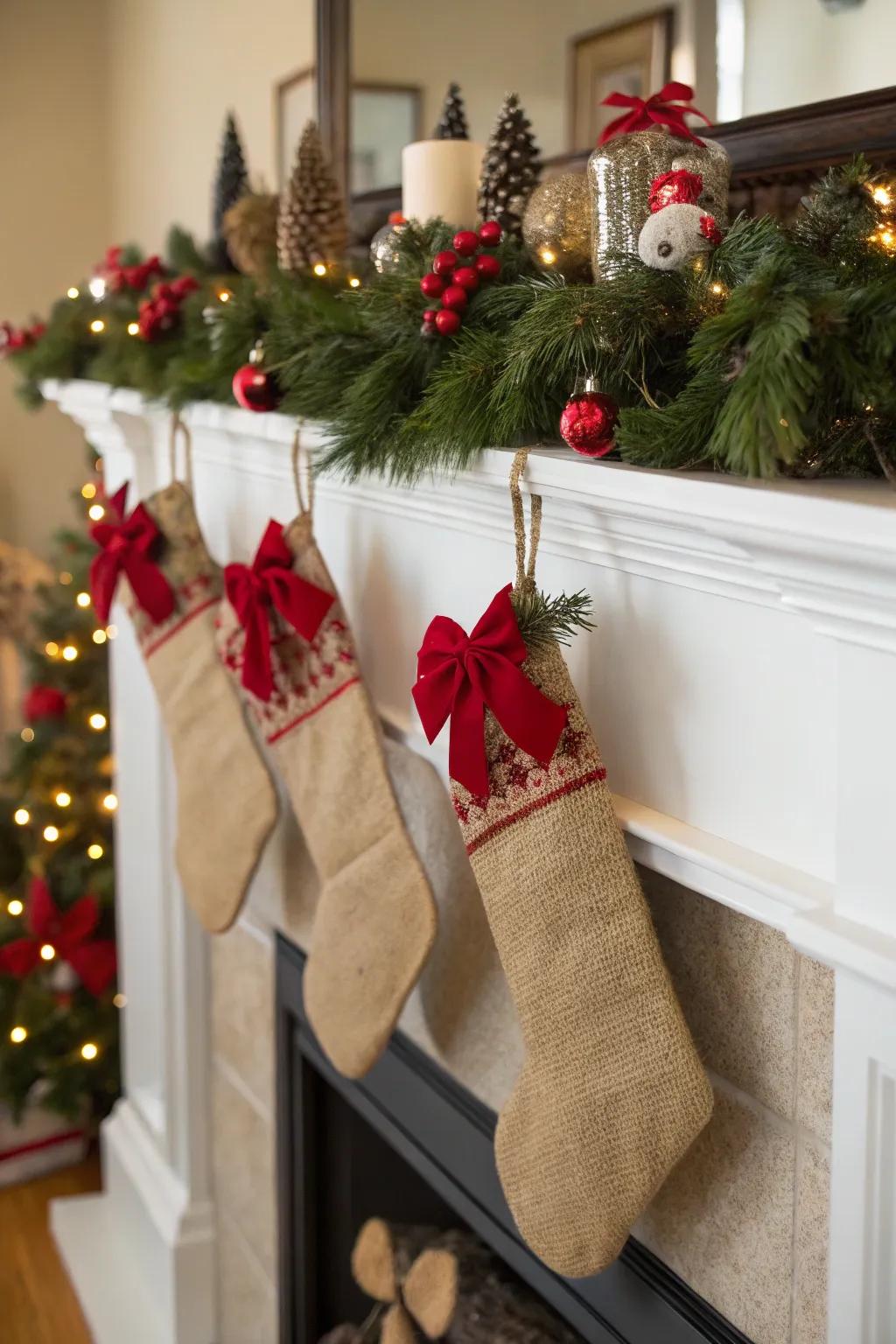 Burlap brings a rustic charm to holiday mantels.