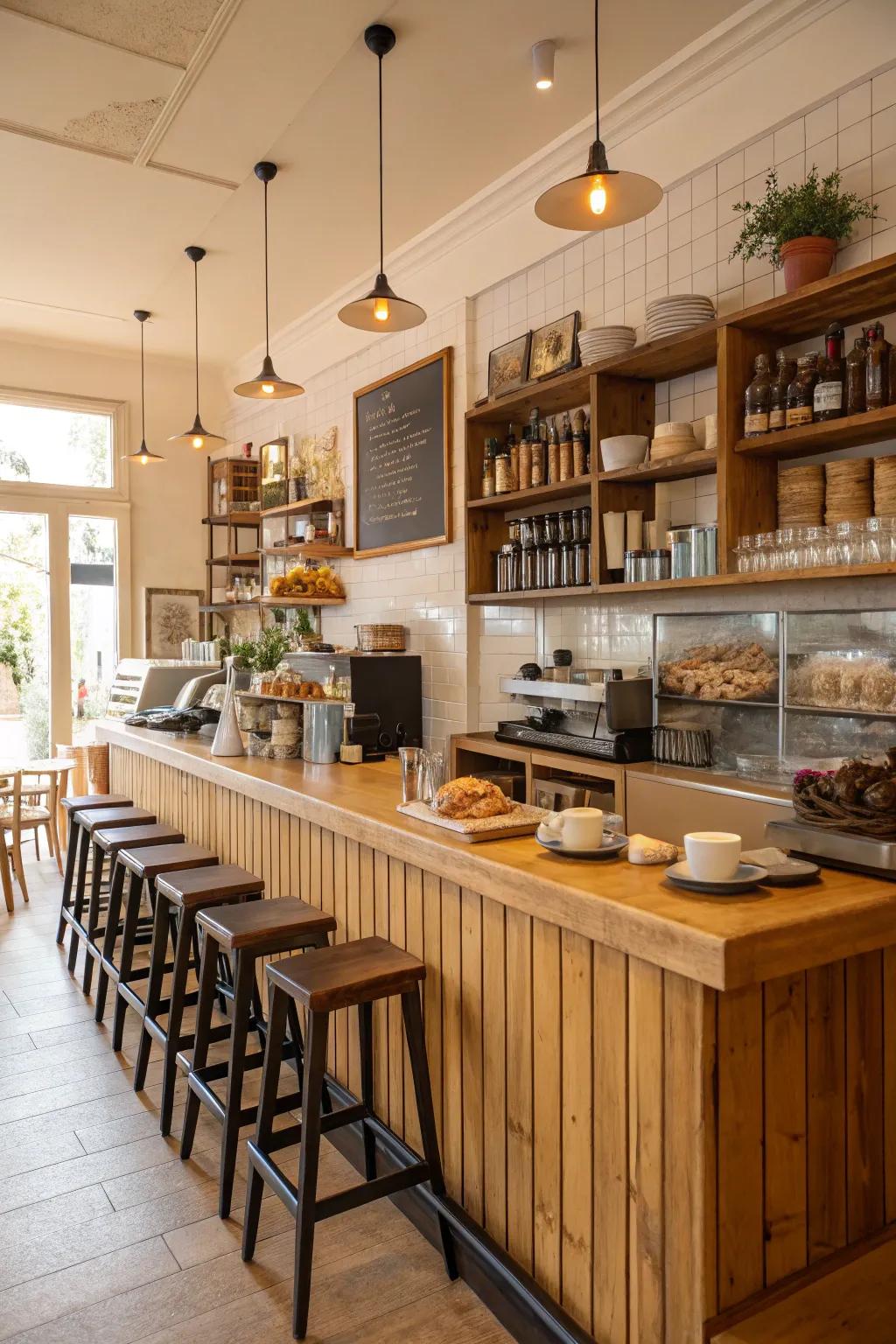 A breakfast bar providing casual dining space in a cafe kitchen.