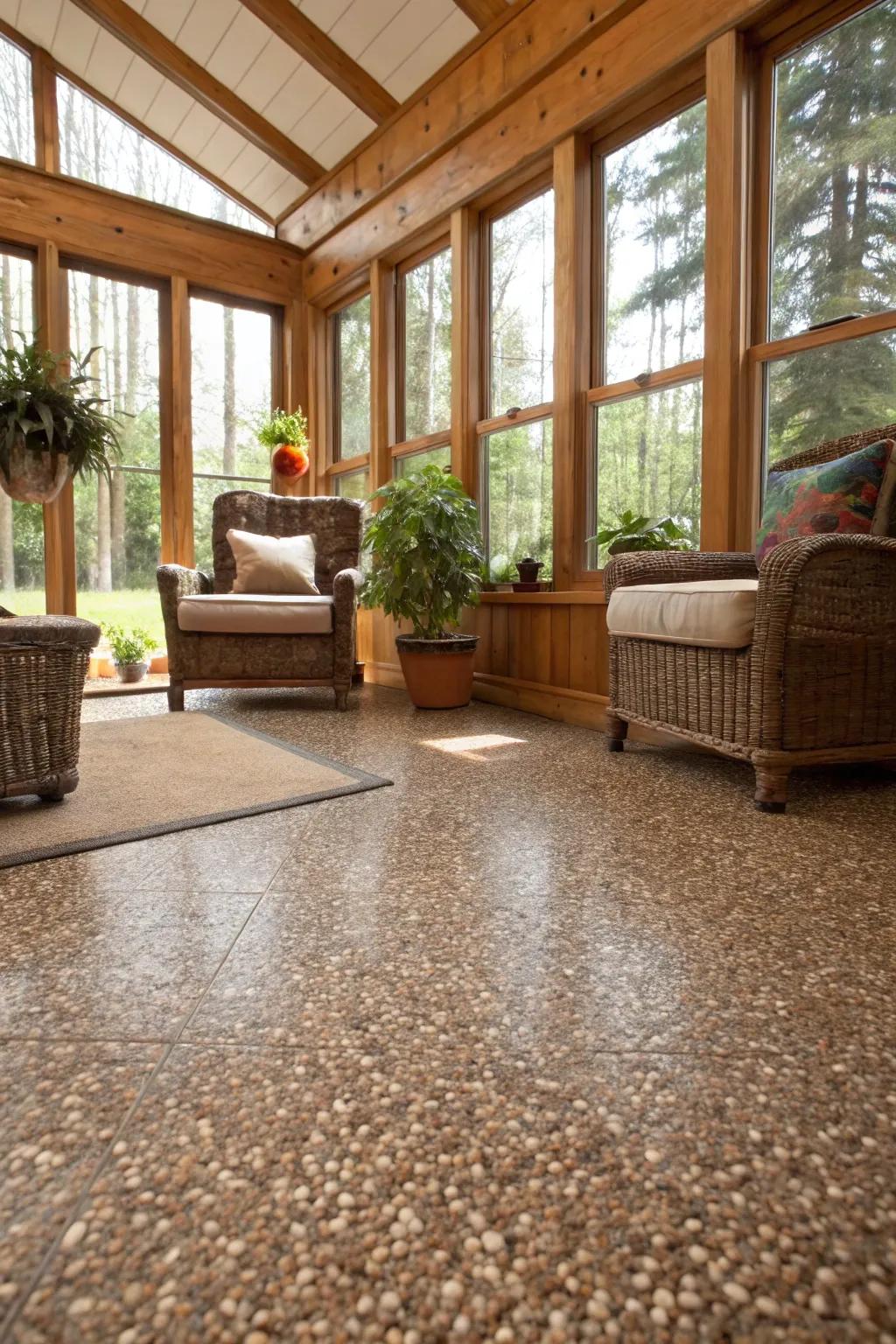 Stone synthetic flooring adds a natural and unique touch to basement bright rooms.