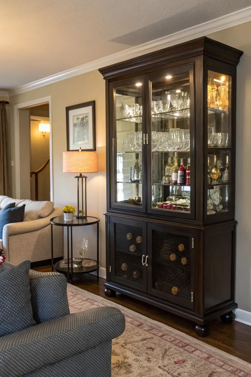 A display case brilliantly repurposed as a chic bar station.