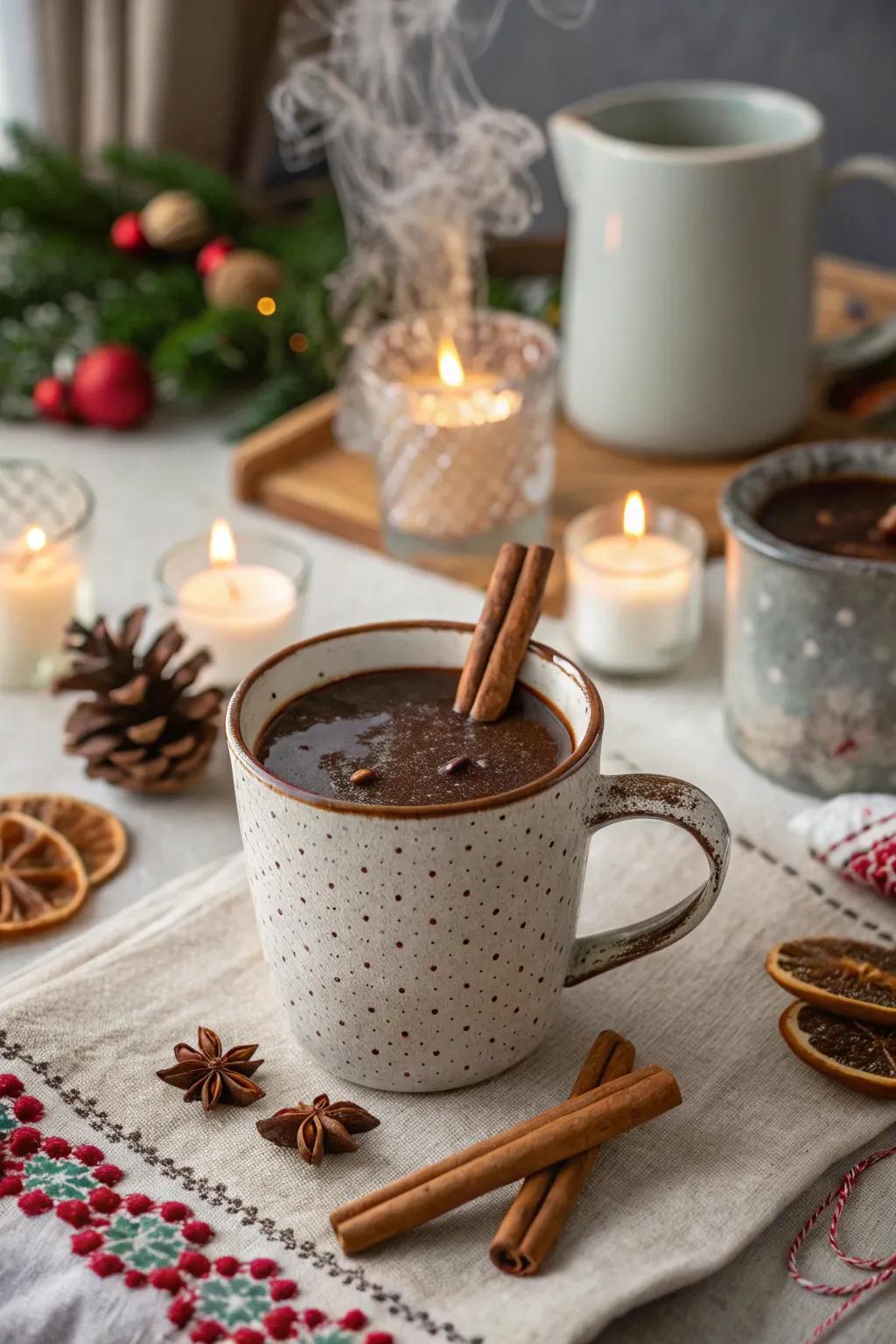 Cozy up with spiced hot chocolate for a festive drink.